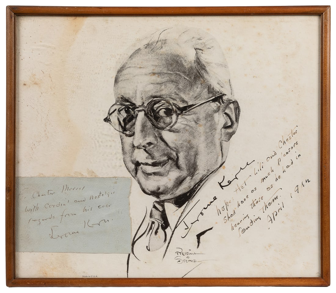 KERN, Jerome (1885-1945). Inscribed portrait illustration, with attached autograph note signed.: KERN, Jerome (1885-1945). Inscribed portrait illustration, with attached autograph note signed. 1940s. Offset print by portrait artist Bettina Steinke (1913-1999) with handwritten inscription and