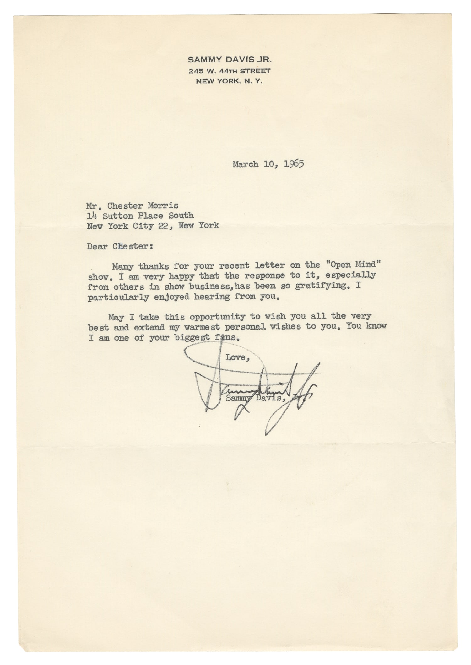 DAVIS, Sammy Jr. (1925-1990). Signed personal letter to Chester Morris on Personal Letterhead. New (1 of 1)