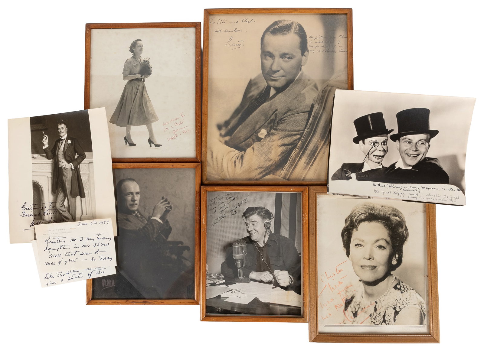 [AUTOGRAPHS]. Golden Age Hollywood Actor and Entertainer Signed Portraits (8).: [AUTOGRAPHS]. Golden Age Hollywood Actor and Entertainer Signed Portraits (8). V.p., ca. mid-20th century. Eight portrait photographs, all with handwritten signatures and inscriptions addressed to