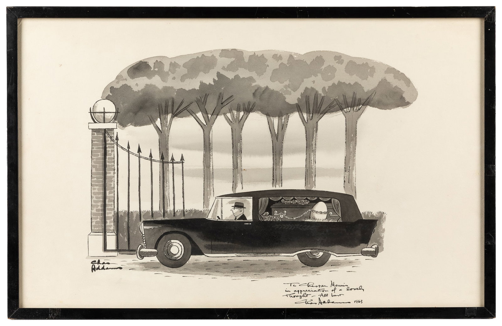 ADDAMS, Charles (1912 - 1988). Hearse scene New Yorker cartoon, and three letters. (1 of 5)
