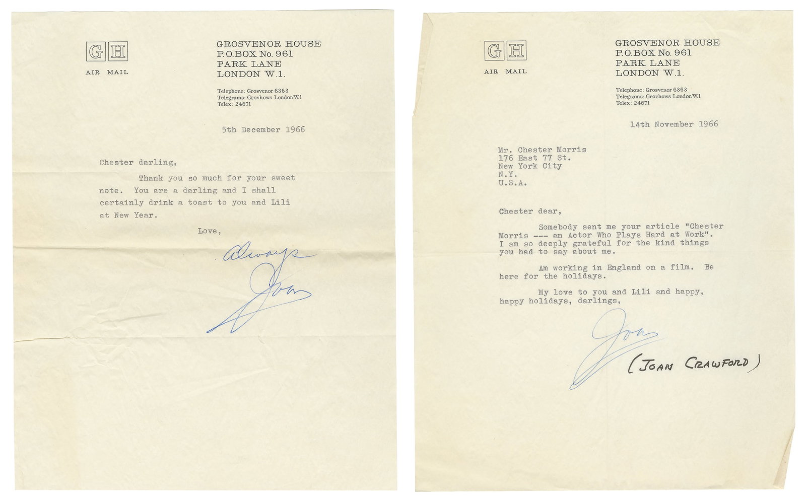 CRAWFORD, Joan (1906 - 1977). Signed Personal Correspondence with Chester Morris. Grosvenor House: (1 of 3)