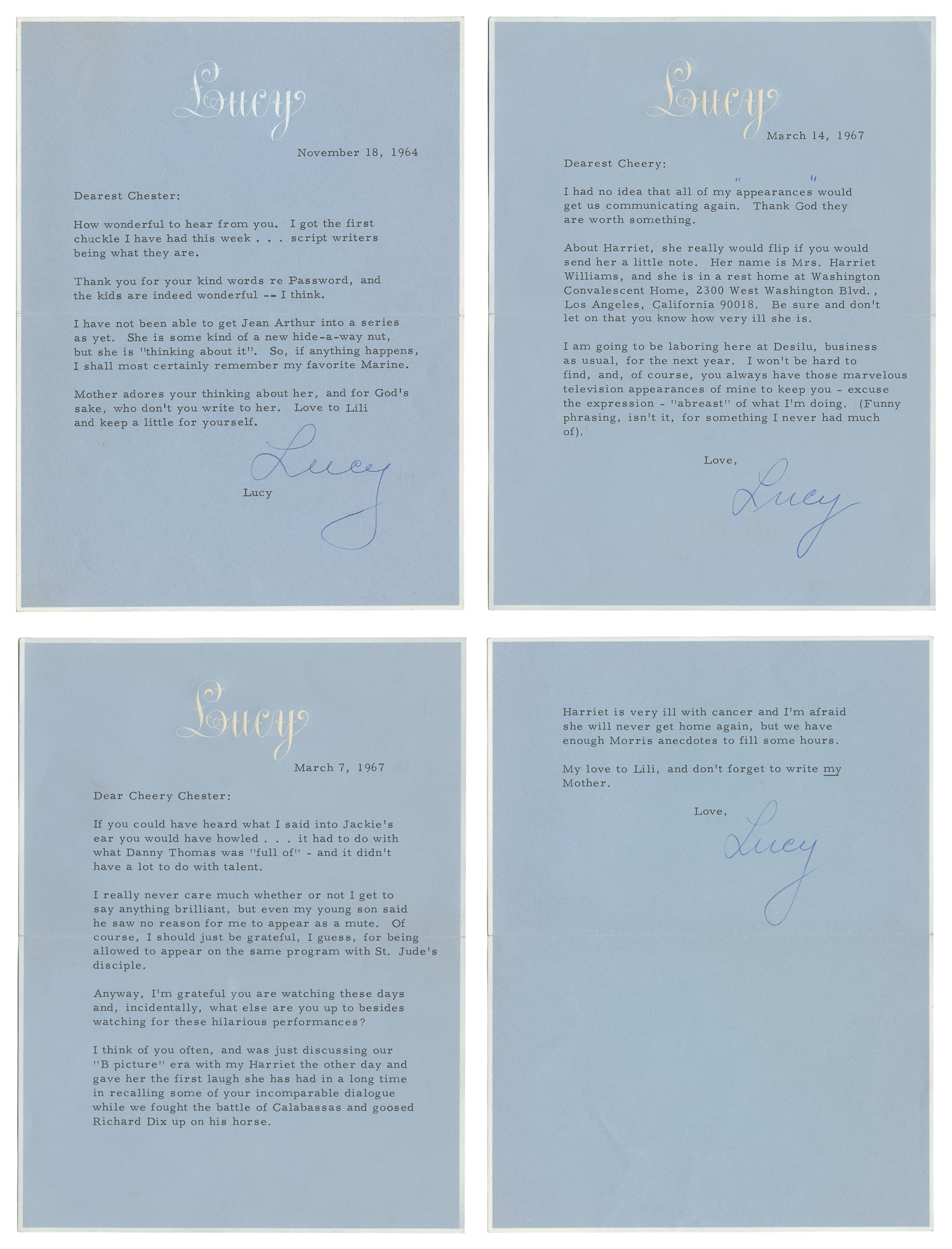 BALL, Lucille (1911 - 1989). Three Signed Letters to Chester Morris on "Lucy" Letterhead. 1964-1967. (1 of 3)