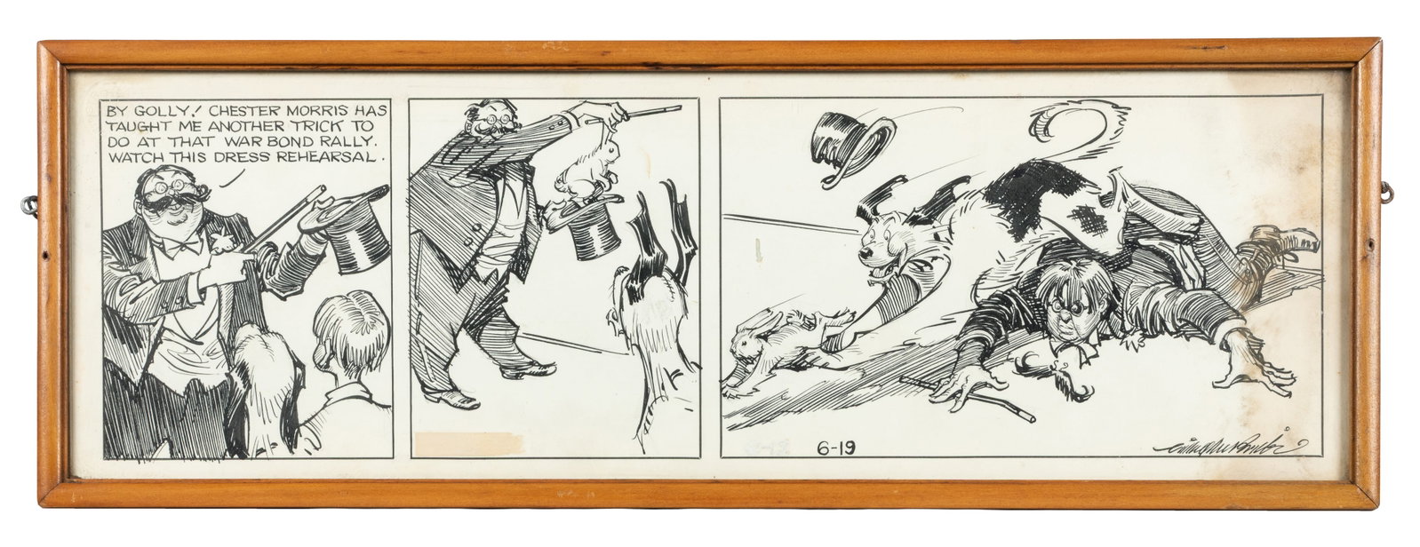 MCBRIDE, Clifford (1901 -1951). Three Panel Comic Strip with Reference to Chester Morris. Early 20th: MCBRIDE, Clifford (1901 -1951). Three Panel Comic Strip with Reference to Chester Morris. Circa 1940s. Pen and ink drawing signed to the lower right margin. McBride was an American cartoonist best