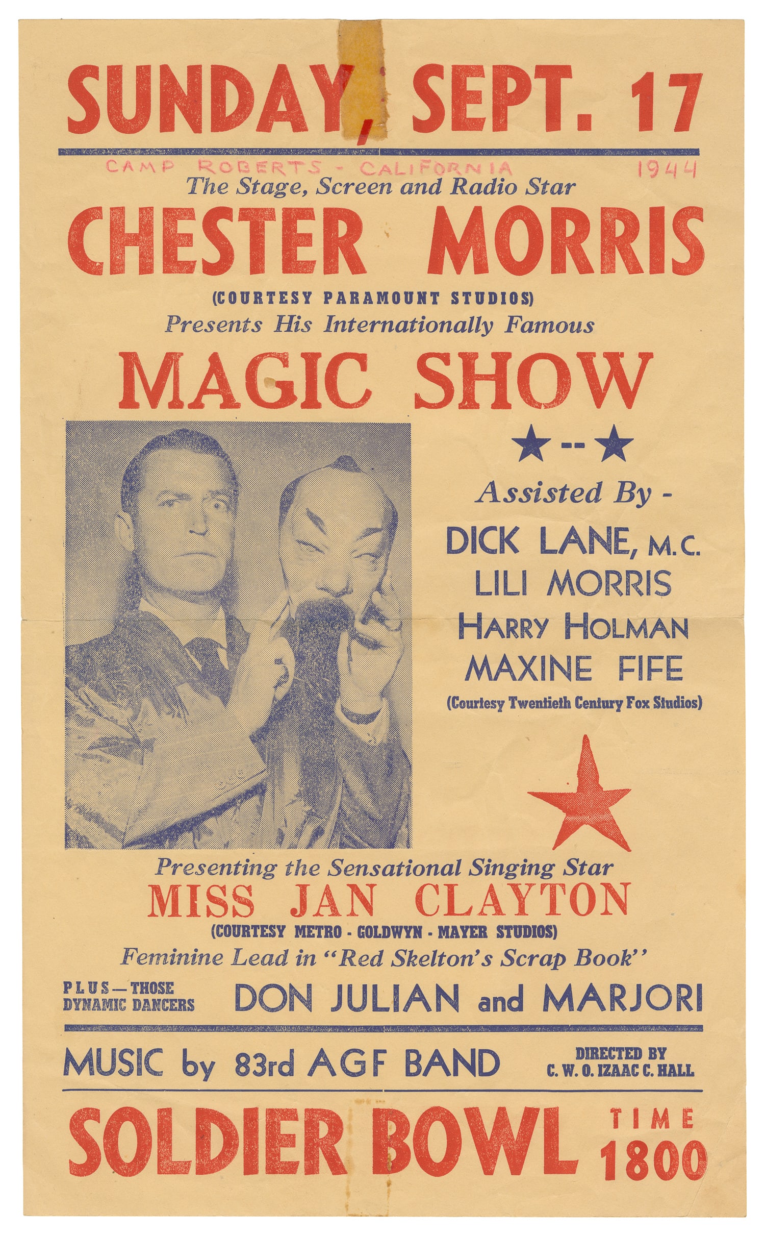 [MAGIC]. MORRIS, Chester (1901 - 1970). Headlined Variety Show Broadside. Camp Roberts California, (1 of 1)