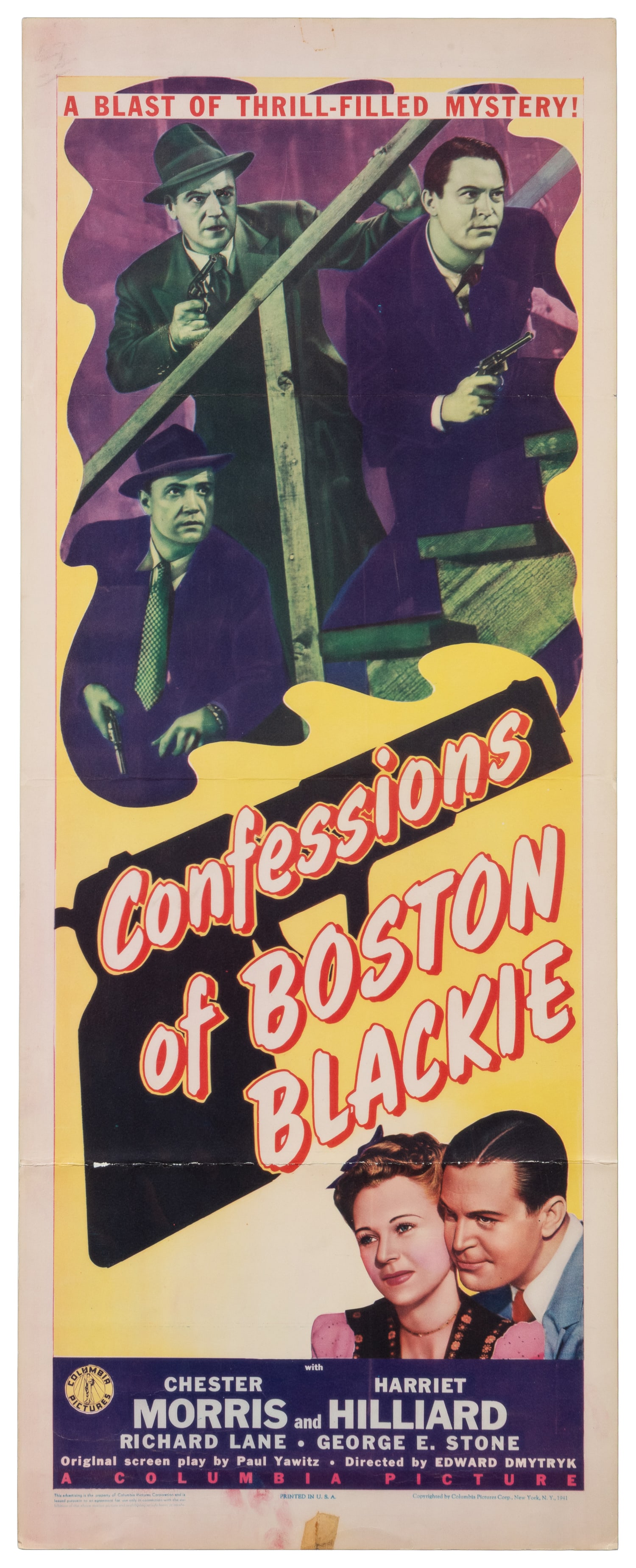 [MORRIS, Chester (1901-1970)]. "Confessions of Boston Blackie" Insert Poster. New York: Columbia (1 of 1)