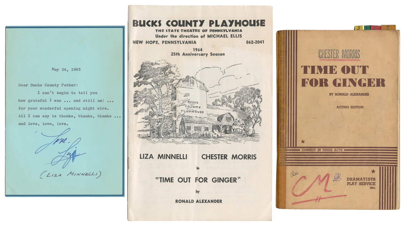 MINNELLI, Liza (b. 1946). "Time Out For Ginger" Production Ephemera, including Signed Liza Minnelli (1 of 3)