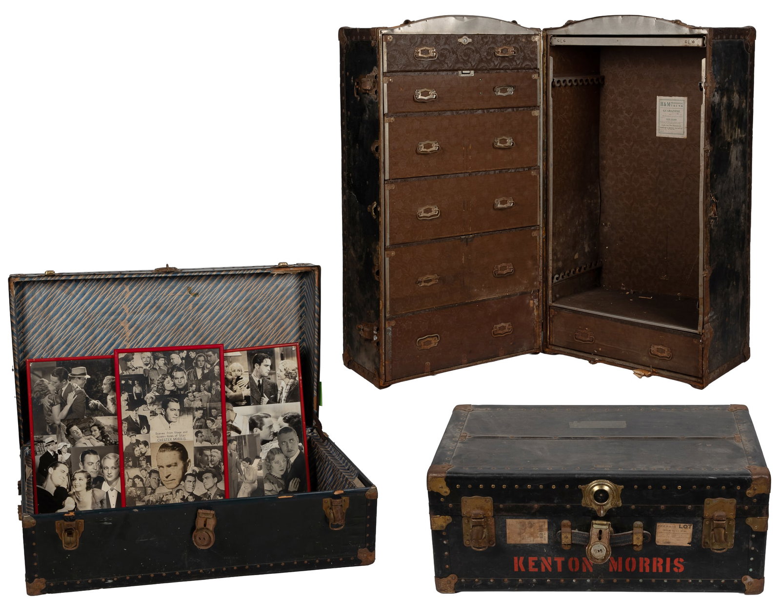 MORRIS, Chester (1901–1970). Chester and Kenton Morris Travel Trunks with Family Archive,: MORRIS, Chester (1901–1970). Chester and Kenton Morris Travel Trunks with Family Archive, Scrapbooks, and Personal Papers. V.p., 20th Century. One wardrobe trunk and two foot lockers, one belong