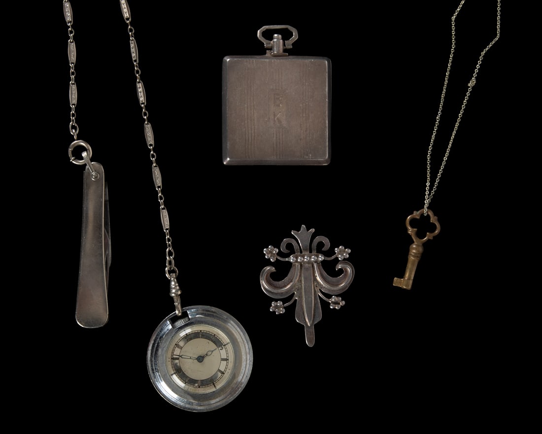 [KALMAR, Bert]. Four Personally Owned Items inside a wood and leather box with gold-painted accents,: [KALMAR, Bert]. Four Personally Owned Items inside a wood and leather box with gold-painted accents, some monogrammed, B. K.1) Pocket watch (BK monogram), chain and penknife.2) Sterling silver square 