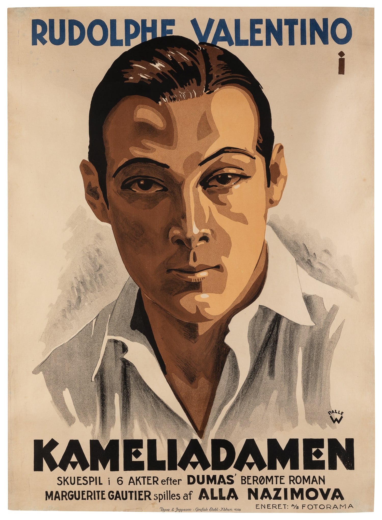 Kameladamen [Camille]. Metro Pictures Corporation, 1921.: [DANISH]. Kameladamen [Camille]. Metro Pictures Corporation, 1921. Poster for the Danish release of the silent film production of the play "Camille," featuring silver screen stars Rudolph Valentino