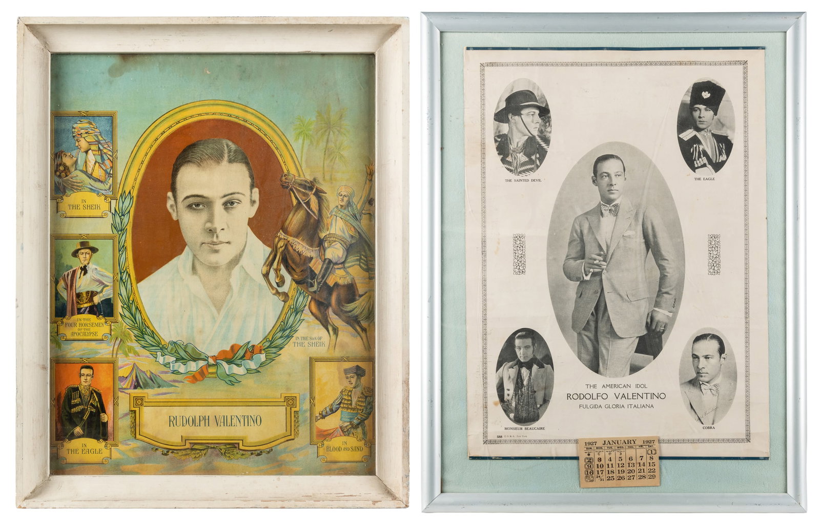 Pair of Rudolph Valentino Framed Prints. Circa late 1920s.: Pair of Rudolph Valentino Framed Prints. Circa late 1920s. Perhaps memorial ephemera produced after Valentino's untimely death at 31 in 1926.Including:Rudolph Valentino Framed Print. Circa late