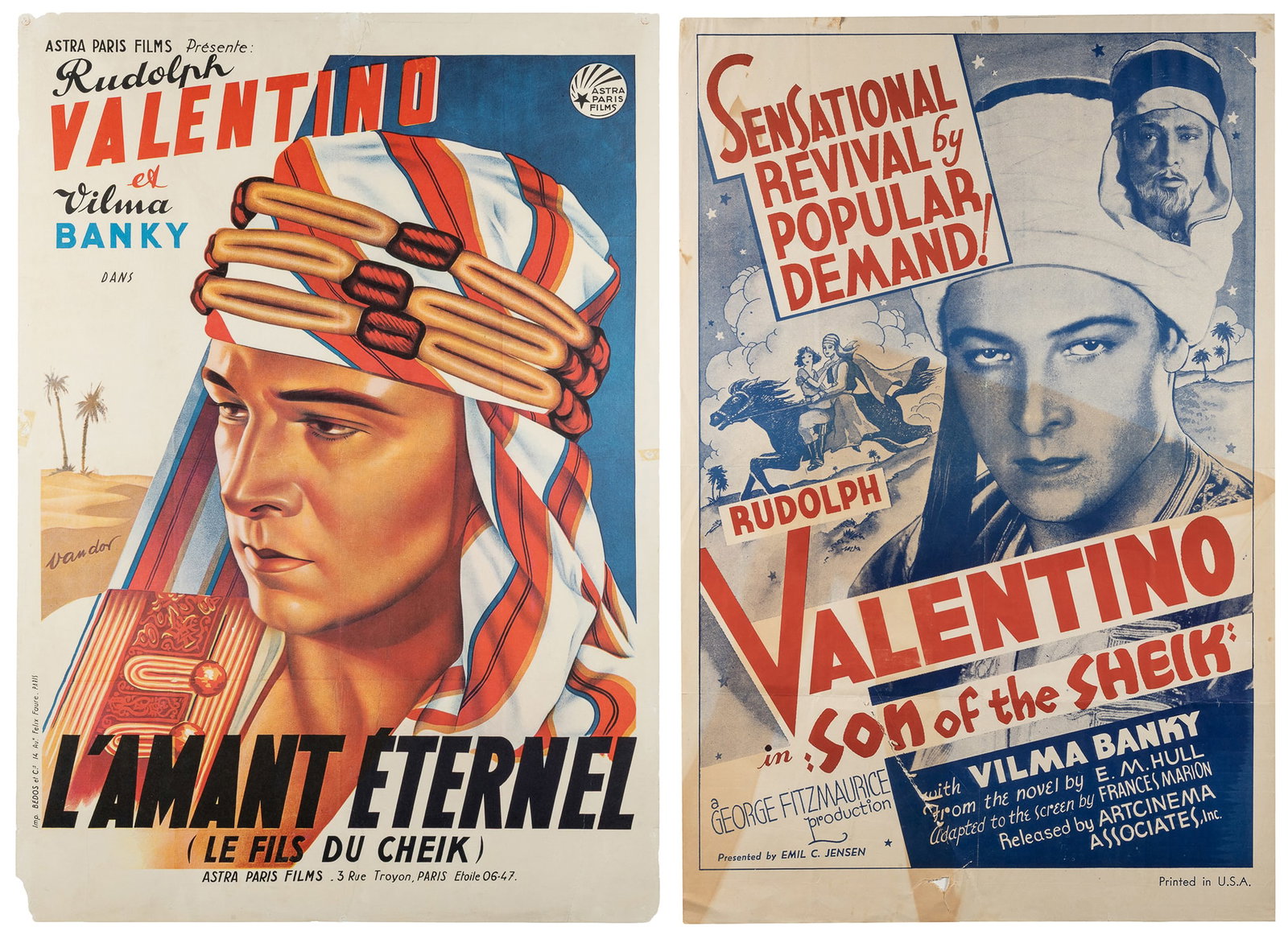 Pair of Re-Release Posters for "The Son of the Sheik" Starring Rudolph Valentino.: Pair of Re-Release Posters for "The Son of the Sheik" Starring Rudolph ValentinoL'Amant Éternel (Le Fils du Cheik) [The Son of the Sheik]. United Artists, French R-ca. 1950s. Distributed in