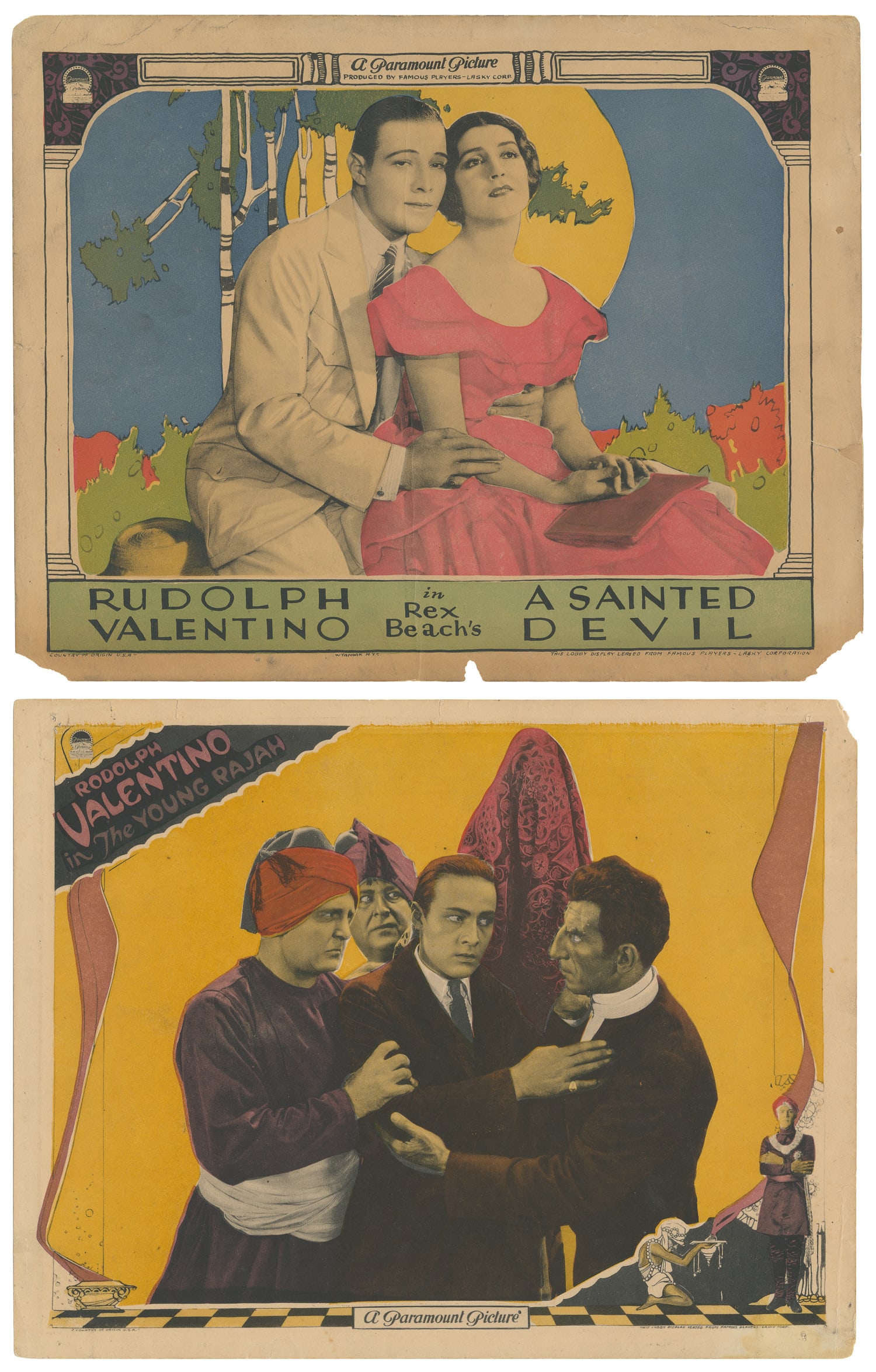 [VALENTINO, Rudolph (1895-1926)]. Pair of Rudolph Valentino Lobby Cards. Paramount Pictures,: [VALENTINO, Rudolph (1895-1926)]. Pair of Rudolph Valentino Lobby Cards. Paramount Pictures, [1922/1924]. Including The Young Rajah and A Sainted Devil. Approximately 14 x 11".