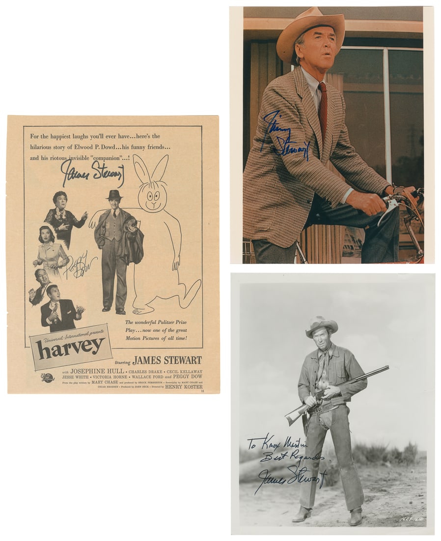 Jimmy Stewart trio of signed items.: Jimmy Stewart trio of signed items. Includes:a publicity still from Winchester '73, inscribed: "To Knox Martin / Best Regards / Jimmy Stewart";a color photo of Stewart on a bicycle, from The Jimmy