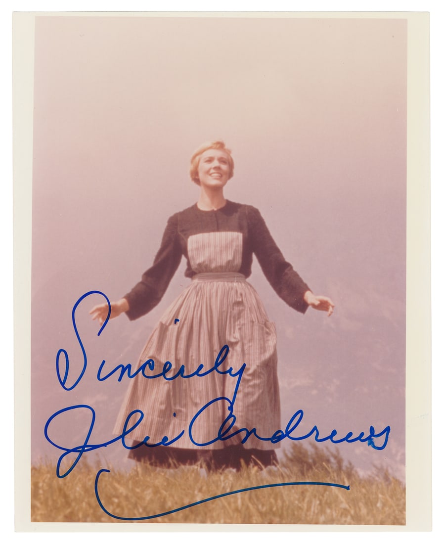 Julie Andrews signed The Sound of Music photo.: Julie Andrews signed The Sound of Music photo. Color still photograph, with a large blue ink signature: "Sincerely / Julie Andrews."10 x 8".