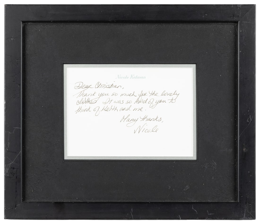KIDMAN, Nicole (b. 1967). Autograph note signed to Christian Audigier.: KIDMAN, Nicole (b. 1967). Autograph note signed to Christian Audigier. Np, nd. Autograph note, signed "Nicole," on Kidman's personal notepaper. A thank-you note for "the lovely clothes."Handsomely