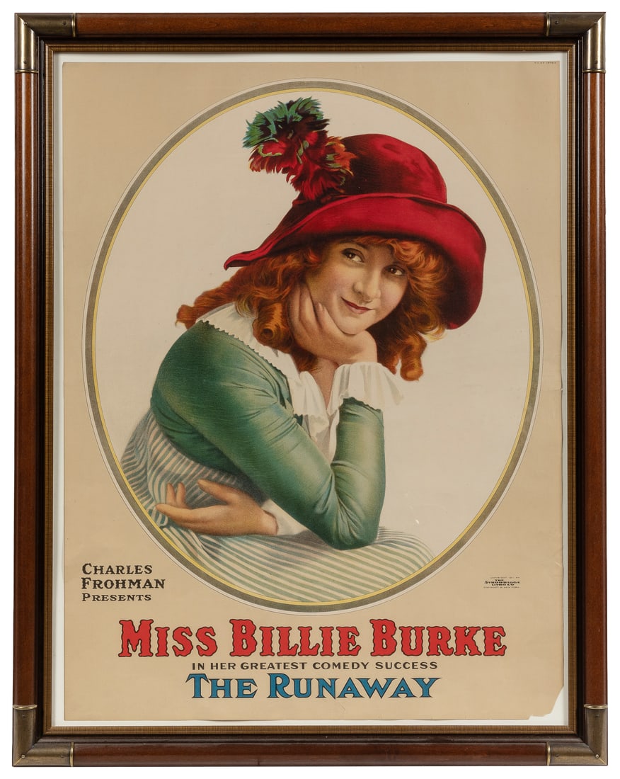 Billie Burke / The Runaway. 1911.: Billie Burke / The Runaway. 1911. Cincinnati: Strobridge Litho. Color stone lithograph poster with a portrait of Burke promoting her role in "her greatest comedy success," the Charles Frohman