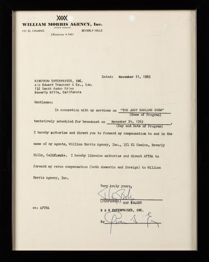 Ray Bolger signed contract. - 2