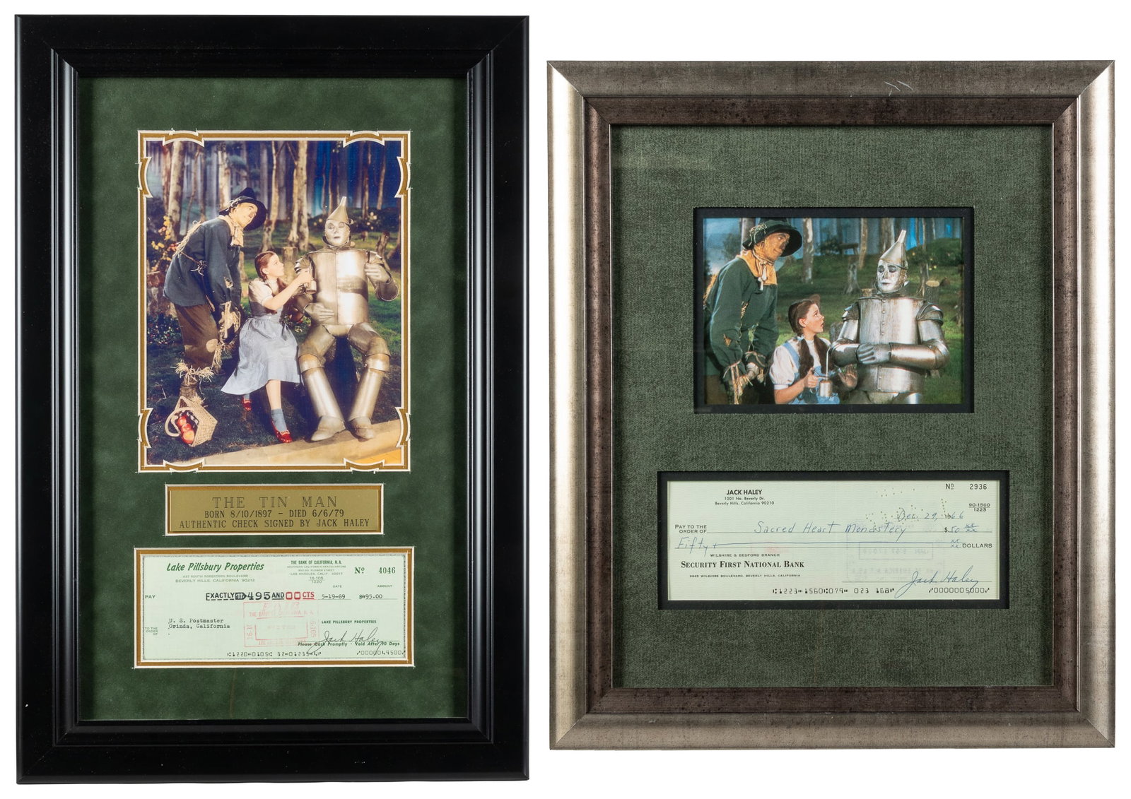 Jack Haley. Pair of signed checks, framed.: Jack Haley. Pair of signed checks, framed. Two checks signed by actor Jack Haley, who portrayed The Tin Man in The Wizard of Oz. Including:Lake Pillsbury Properties, Bank of California check for $495