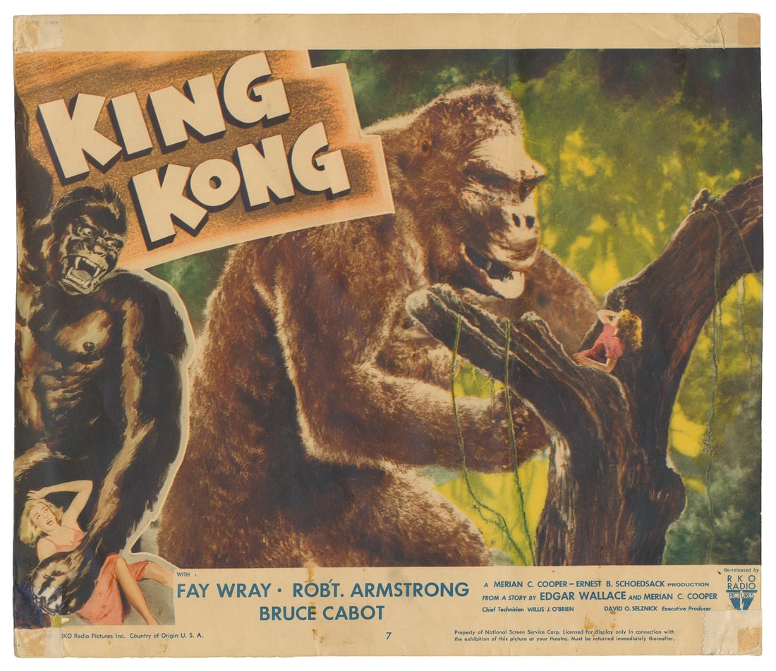 King Kong. RKO, R-1956.: King Kong. RKO, R-1956. Lobby card (12 3/4 x 11") for the 1956 re-release of King Kong, starring Fay Wray, Robert Armstrong, and Bruce Cabot.