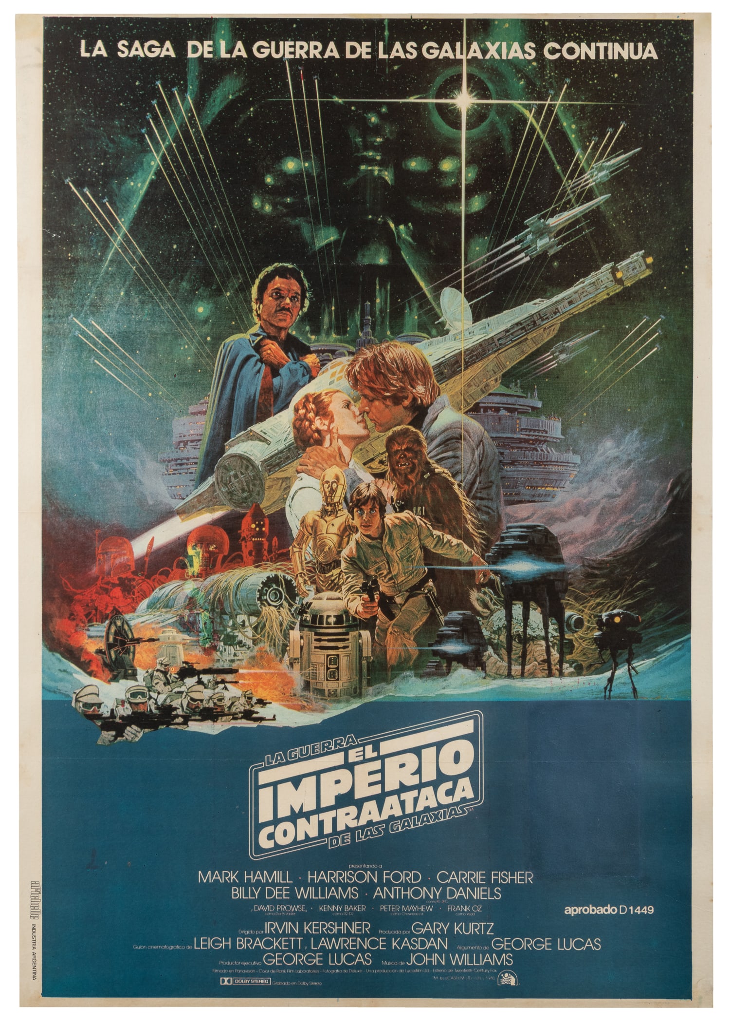 The Empire Strikes Back. 20th Century Fox, 1980.: The Empire Strikes Back. 20th Century Fox, 1980. Argentinian, Spanish-language one-sheet (27 x 41") poster for the Star Wars sequel directed by Irvin Kershner and produced by George Lucas, and