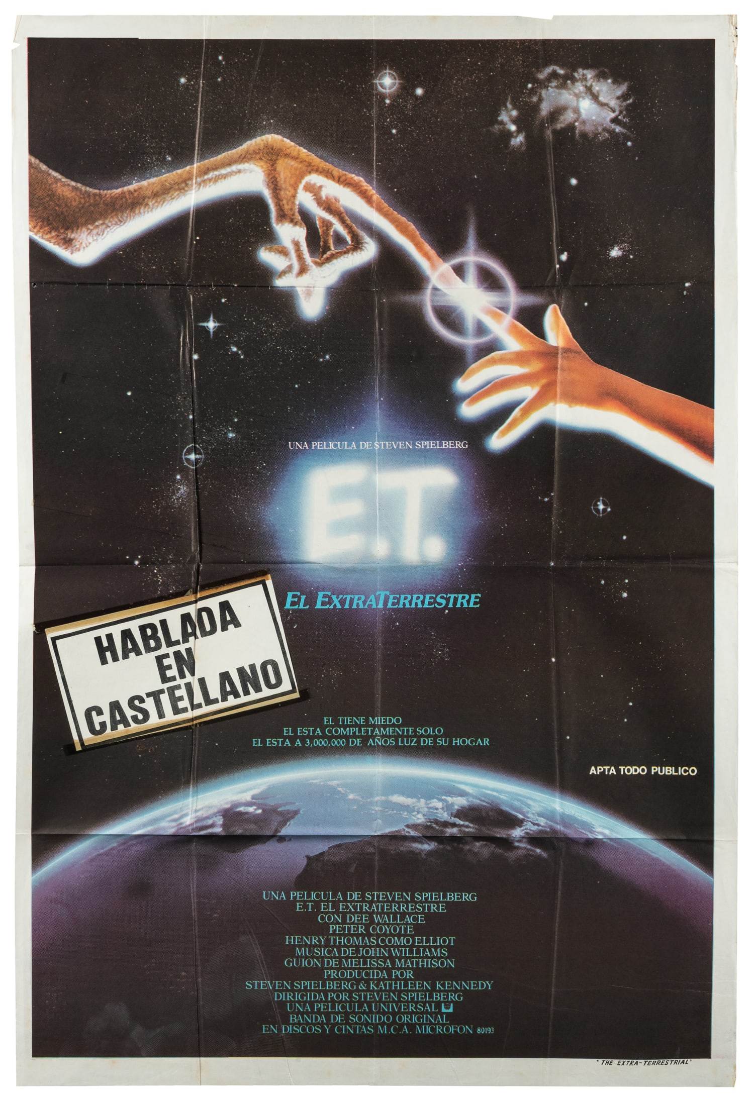 E.T. The Extra-Terrestrial. Universal, 1982.: E.T. The Extra-Terrestrial Universal, 1982. Argentinean poster (29 x 43"). Artwork by John Alvin Artwork. Starring Henry Thomas, Dee Wallace, Robert MacNaughton, Drew Barrymore, Peter Coyote, K.C.
