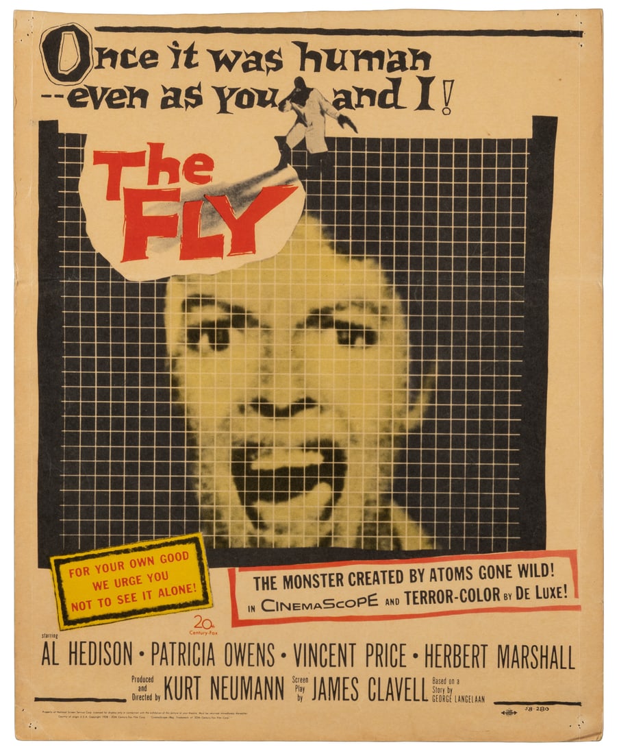 The Fly. 20th Century Fox, 1958.: The Fly. 20th Century Fox, 1958. Window Card (14 x 17"). Science Fiction. Trimmed. Starring Al (David) Hedison, Patricia Owens, Vincent Price, Herbert Marshall, Kathleen Freeman, Betty Lou Gerson,