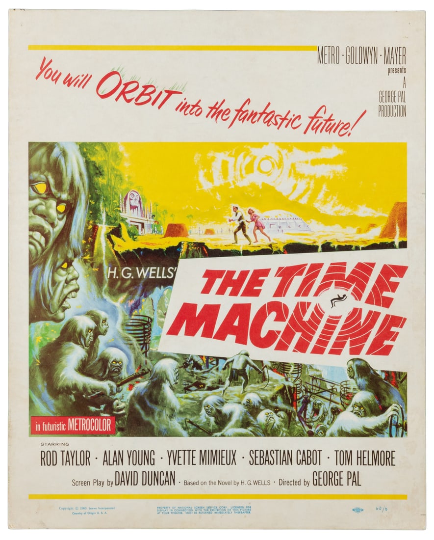 The Time Machine. MGM, 1960.: The Time Machine. MGM, 1960. Window card (14 x 17 1/2"). Reynold Brown Artwork. Science Fiction. Trimmed. Starring Rod Taylor, Alan Young, Yvette Mimieux, Sebastian Cabot, Tom Helmore, Whit Bissell,