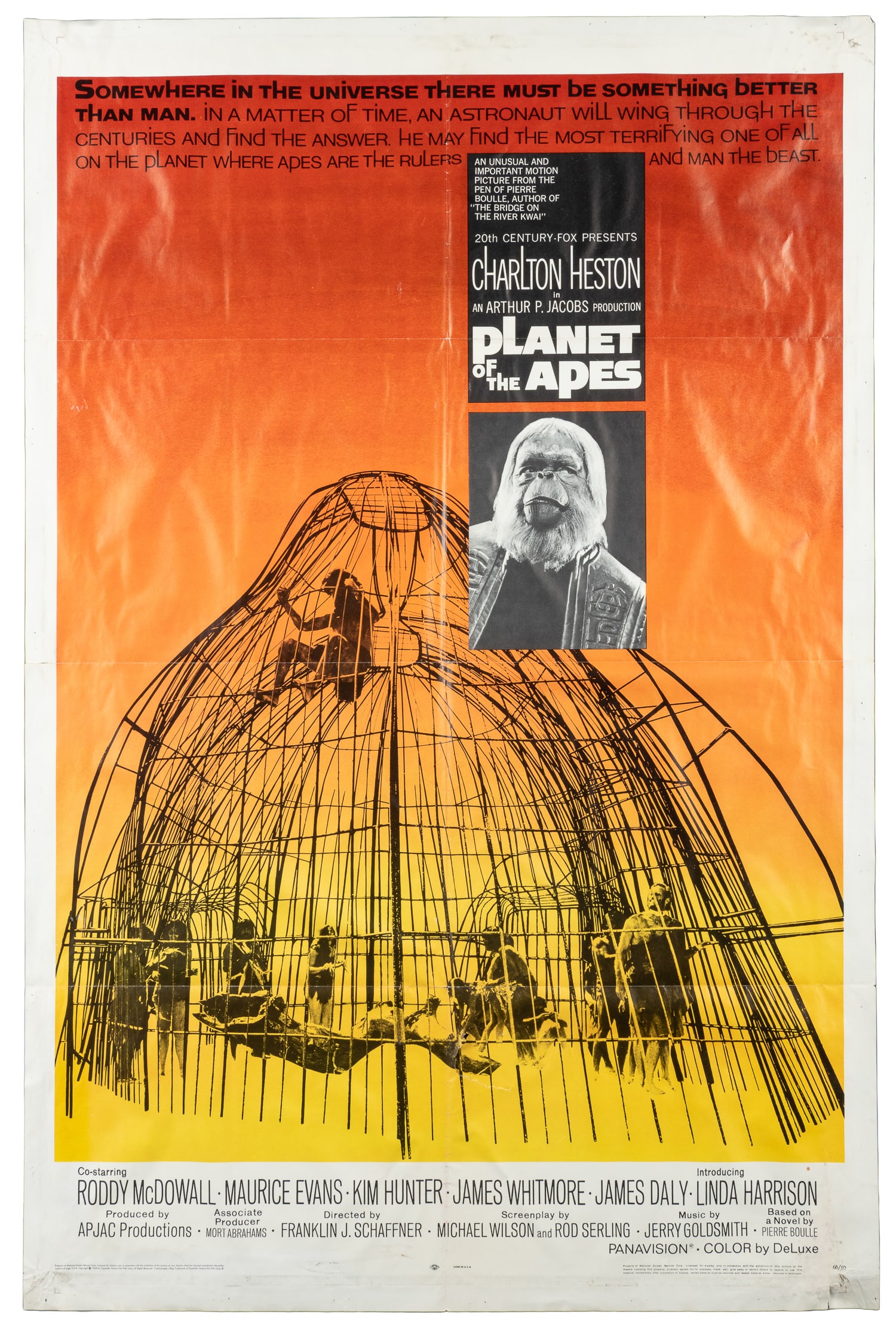 Planet of the Apes. 20th Century Fox, 1968.: Planet of the Apes. 20th Century Fox, 1968. One sheet (27 x 41 1/4") poster for the science fiction film starring Charlton Heston, Roddy McDowall, Kim Hunter, and directed by Franklin J. Schaffner.