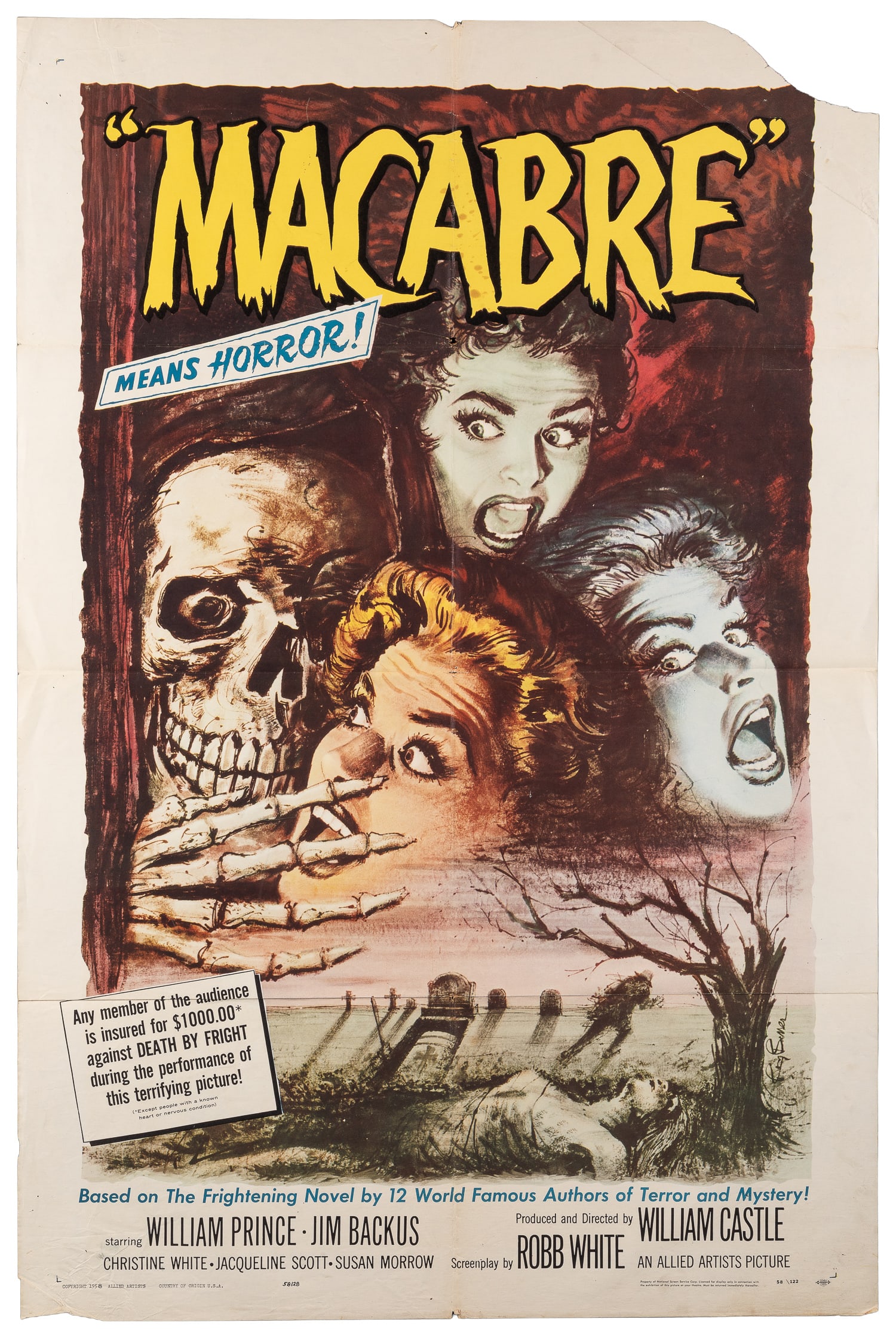 Macabre. Allied Artists, 1958.: Macabre. Allied Artists, 1958. One sheet (41 x 27") poster for the 1958 horror film starring William Prince and Jim Backus, directed by William Castle. Artwork by Roy Besser. Paper.