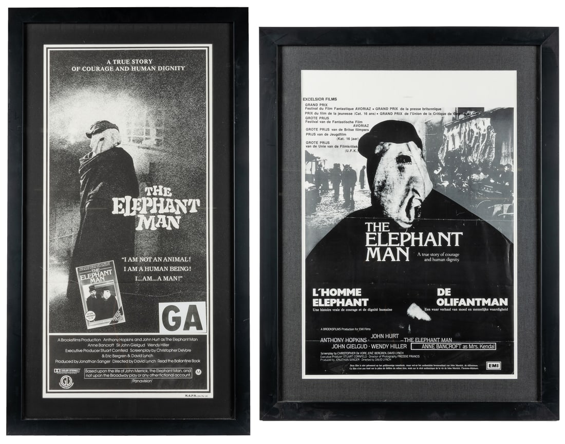 The Elephant Man. Two movie posters.: The Elephant Man. Two movie posters. Paramount, 1980. Including a Belgian release poster; and Australian daybill. Both framed and matted (Plexiglas).32 1/2 x 18 1/2".