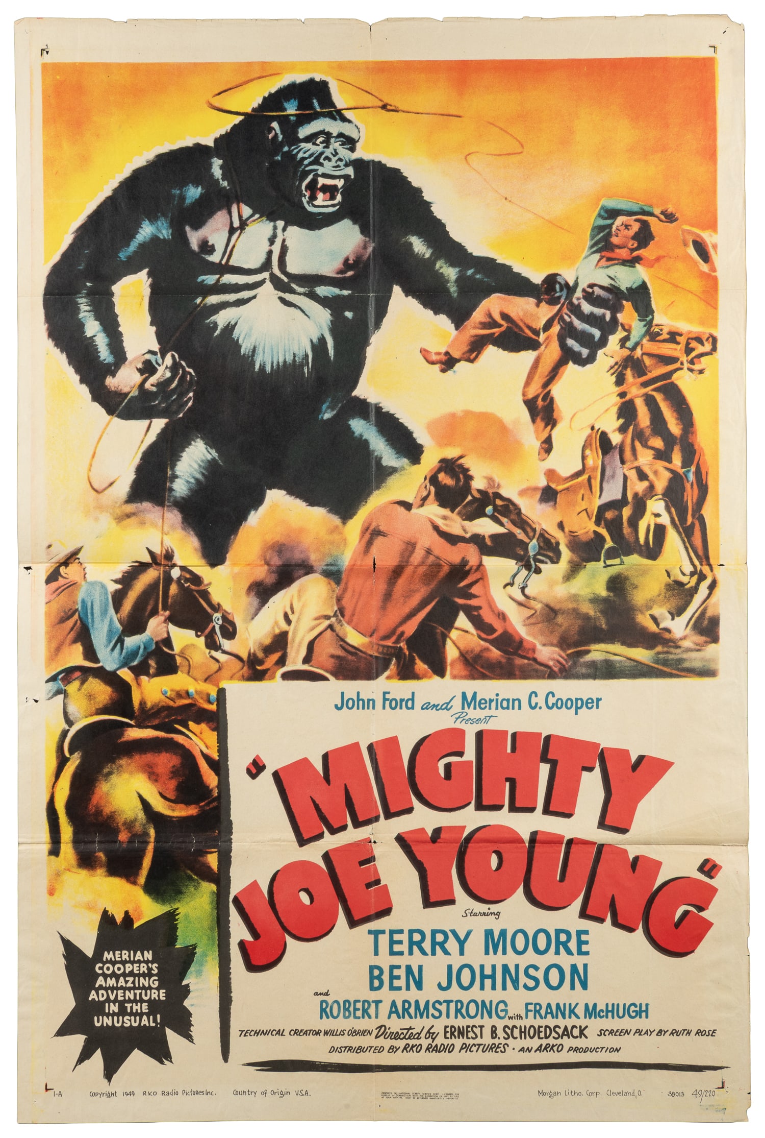 Mighty Joe Young. RKO, 1949.: Mighty Joe Young. RKO, 1949. One-sheet (41 x 27"). Morgan Litho., Cleveland. Lithograph movie poster advertising the fantasy film starring Terry Moore and Ben Johnson. Gene Widhoff Artwork. Style A.