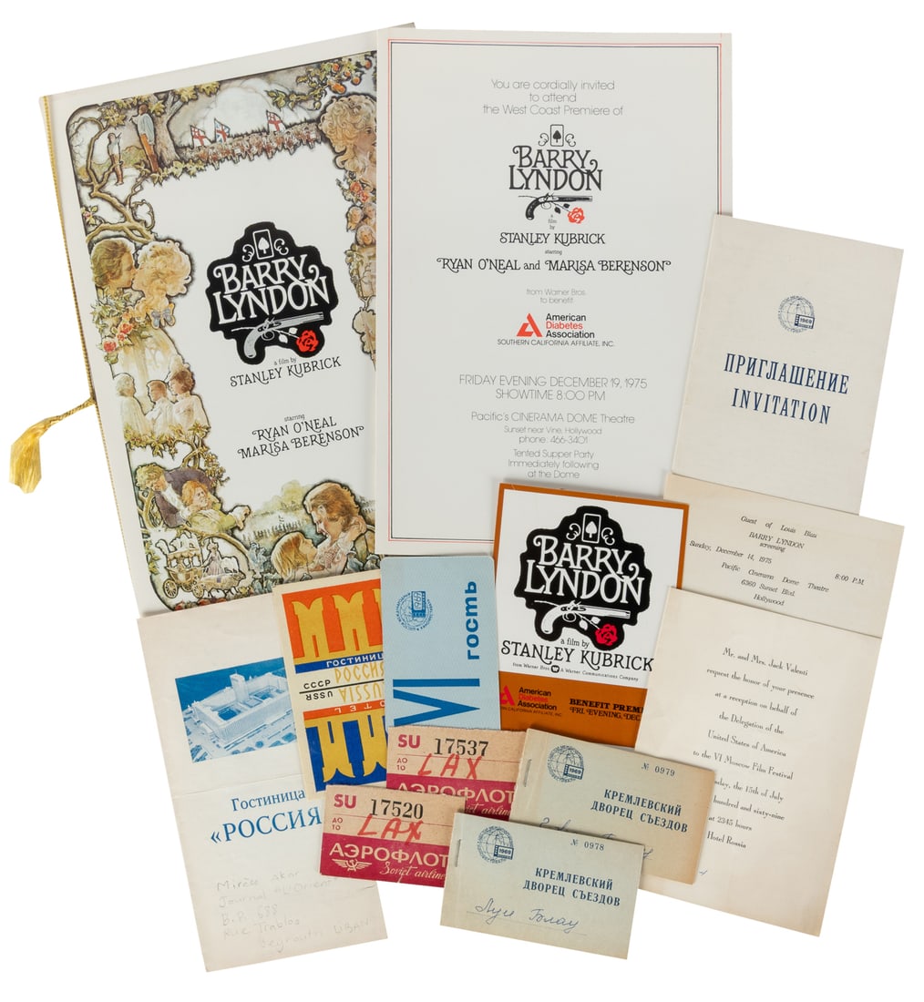 [KUBRICK, Stanley (1928-1999), association]. Group of 23 Ephemeral Items Related to "Barry Lyndon.": [KUBRICK, Stanley (1928-1999), association]. Group of 23 Ephemeral Items Related to "Barry Lyndon." [V.p., ca. 1975]. Programs, tickets, invitations, and passes to various screenings of "Barry