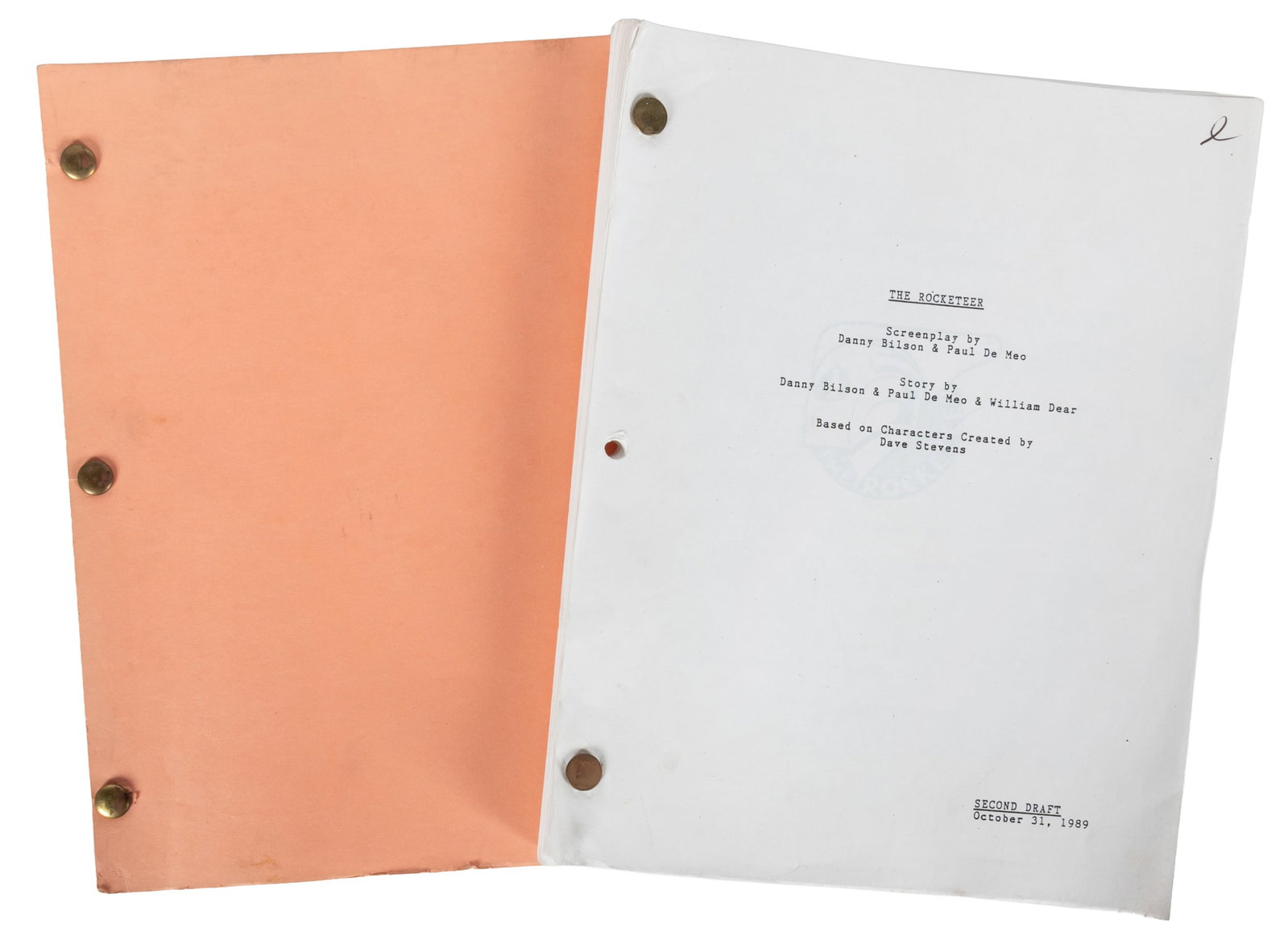 [SCREENPLAYS]. The Rocketeer. Disney, 1991.: [SCREENPLAYS]. The Rocketeer (2). Disney, 1991. 4tos (11 x 8 1/2"). 120pp. Original wrappers three-hole-punched with brads. Two copies of Danny Bilson and Paul De Meo's Second Draft screenplay for The