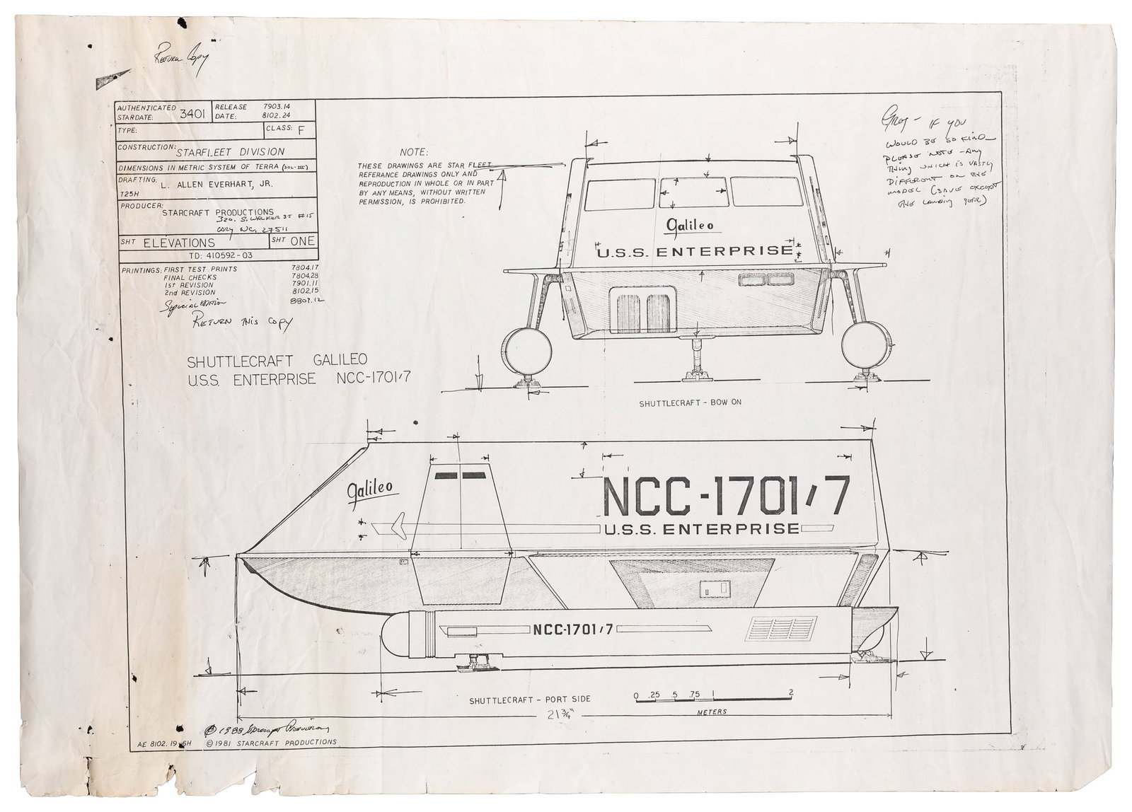Star Trek The Galileo (NCC-1701/7) Shuttlecraft Exterior Blueprint.: Star Trek The Galileo (NCC-1701/7) Shuttlecraft Exterior Blueprint from the Original Series. [L. Allen Everhart, Jr., illustrator]. [Hollywood:] Starcraft Productions, 1988. Large photocopy of an