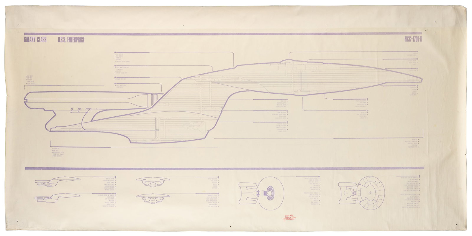 Star Trek USS Enterprise (NCC-1701-D) Blueprint. [Hollywood:] Paramount Pictures 1987.: Star Trek USS Enterprise (NCC-1701-D) Blueprint. [Hollywood:] Paramount Pictures 1987. Size approximately. 70 1/2 x 34". Various views of the Galaxy Class U.S.S. Enterprise (NCC-1701-D). This