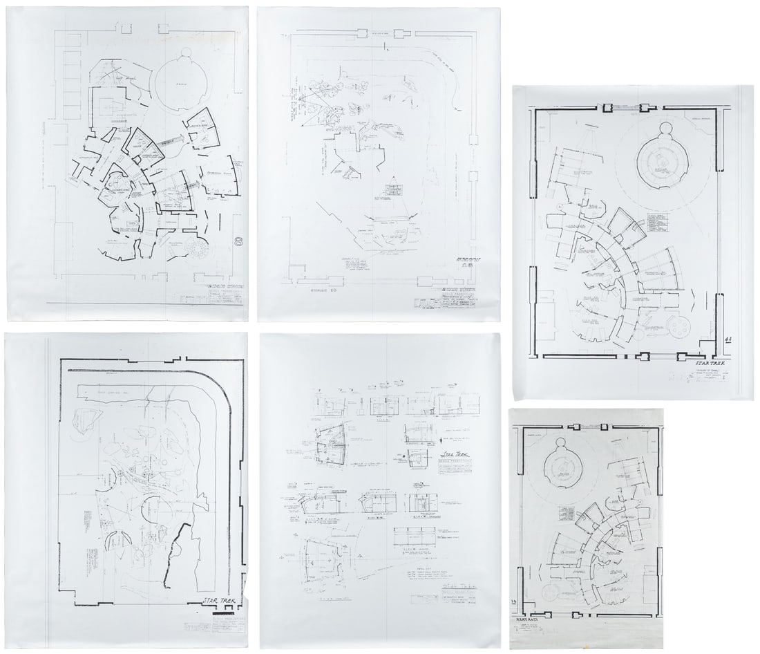 Star Trek: Set of Six Interior Blueprint Photocopies from the Star Trek Universe [Hollywood:] Desilu: Star Trek: Set of Six Interior Blueprint Photocopies from the Original Series. [Hollywood:] Desilu Productions, [ca. 1960s, though most likely later]. Sizes approximately 47 x 36". PRESUMED LATER