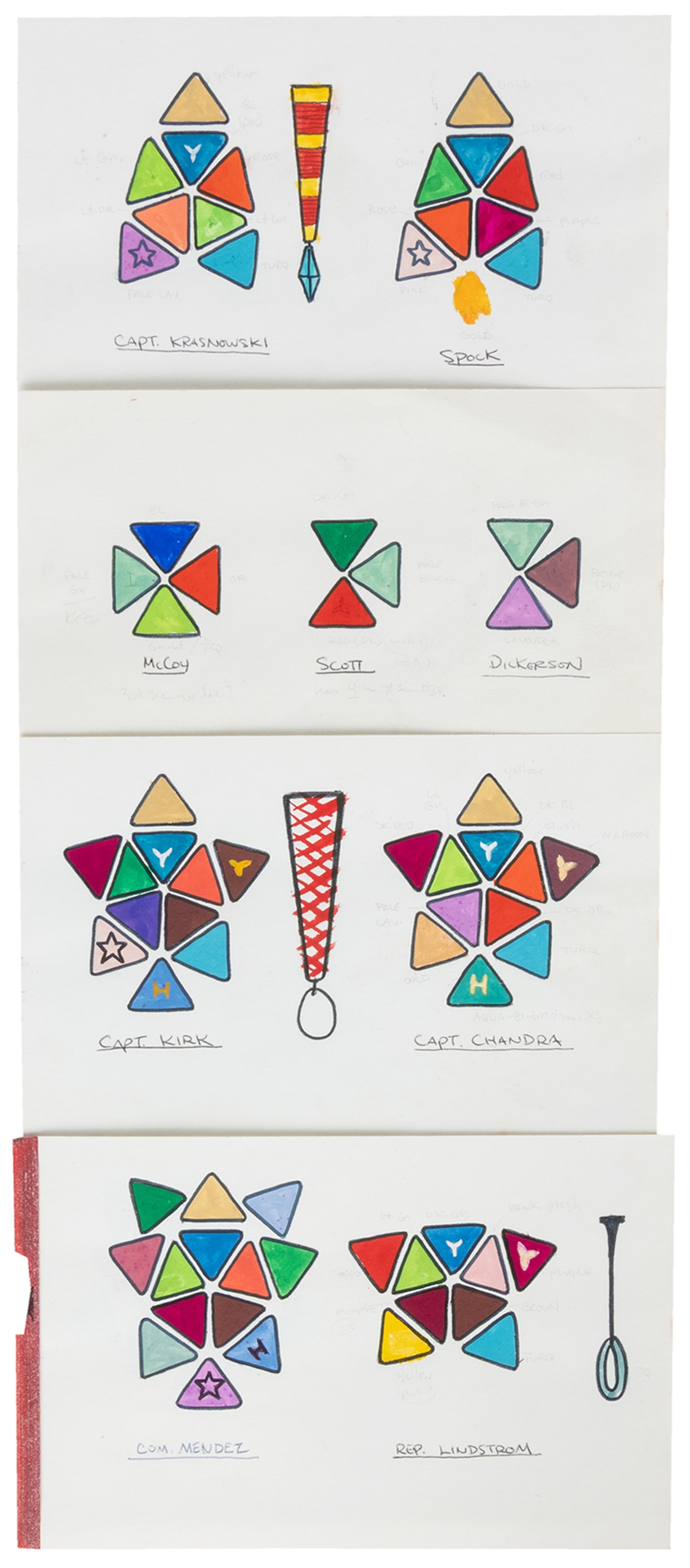 Star Trek Group of 5 Color Sketch Pages for Dress Uniform Medals. [Hollywood: Desilu Productions,: Star Trek Group of 5 Color Sketch Pages for Dress Uniform Medals. [Hollywood: Desilu Productions, ca. 1960s]. 10 color sketches (color marker) with pencil notations on 5 pages for two separate