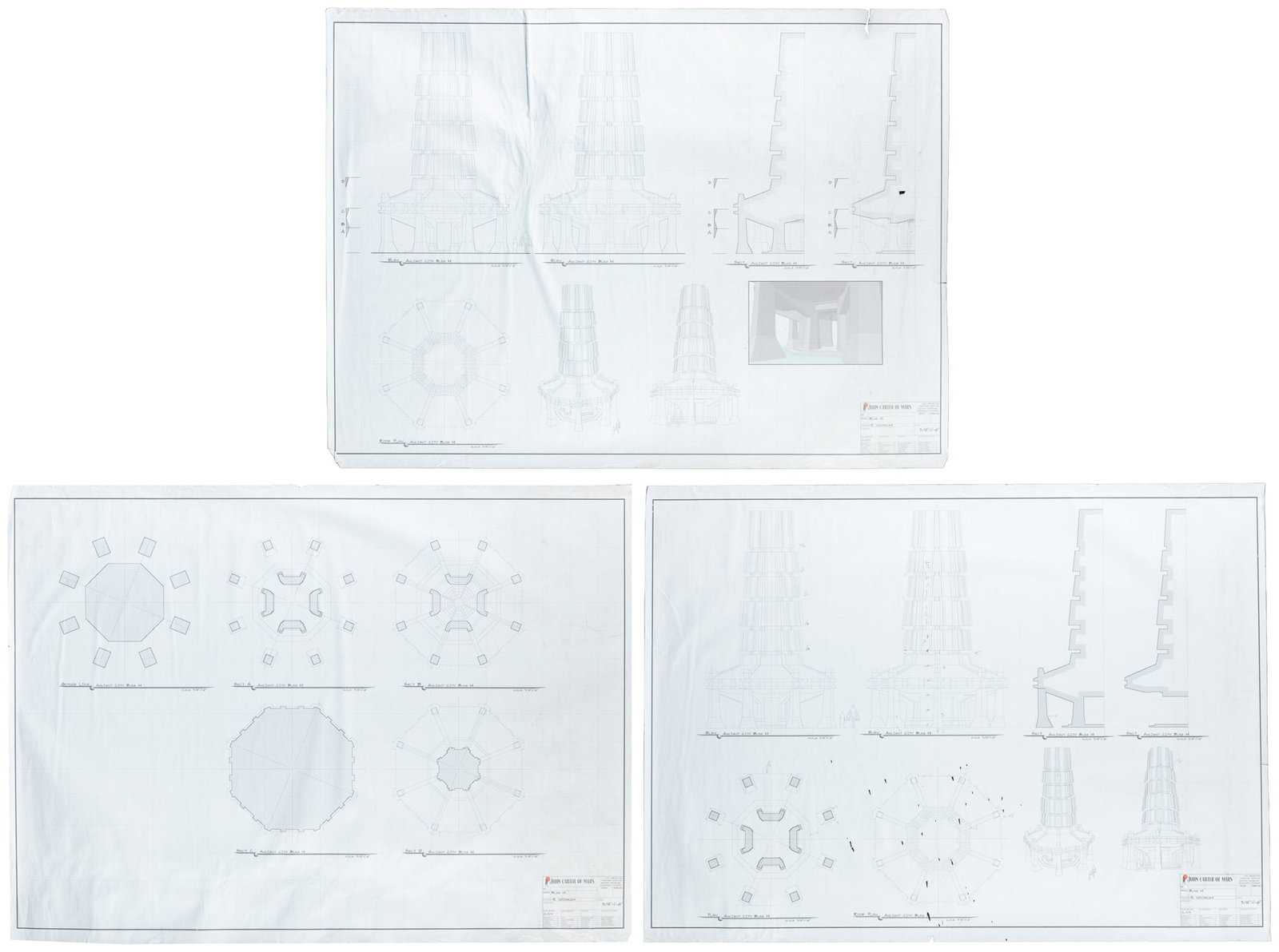 John Carter (of Mars) Set of Three Ancient Martian Building Blueprints. [Hollywood: Walt Disney (1 of 4)