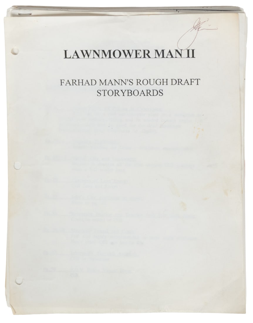 [JEIN, Gregory (1945-2022)]. Lawnmower Man II (Farhad Mann's Rough Draft Storyboards). Gregory Jein: [JEIN, Gregory (1945-2022)]. Lawnmower Man II (Farhad Mann Rough Draft Storyboards). Gregory Jein Inc., 1994. 4to (11 x 8 1/2"). Three-hole-punched unbound sheaves. Director Farhad Mann's Rough Draft 