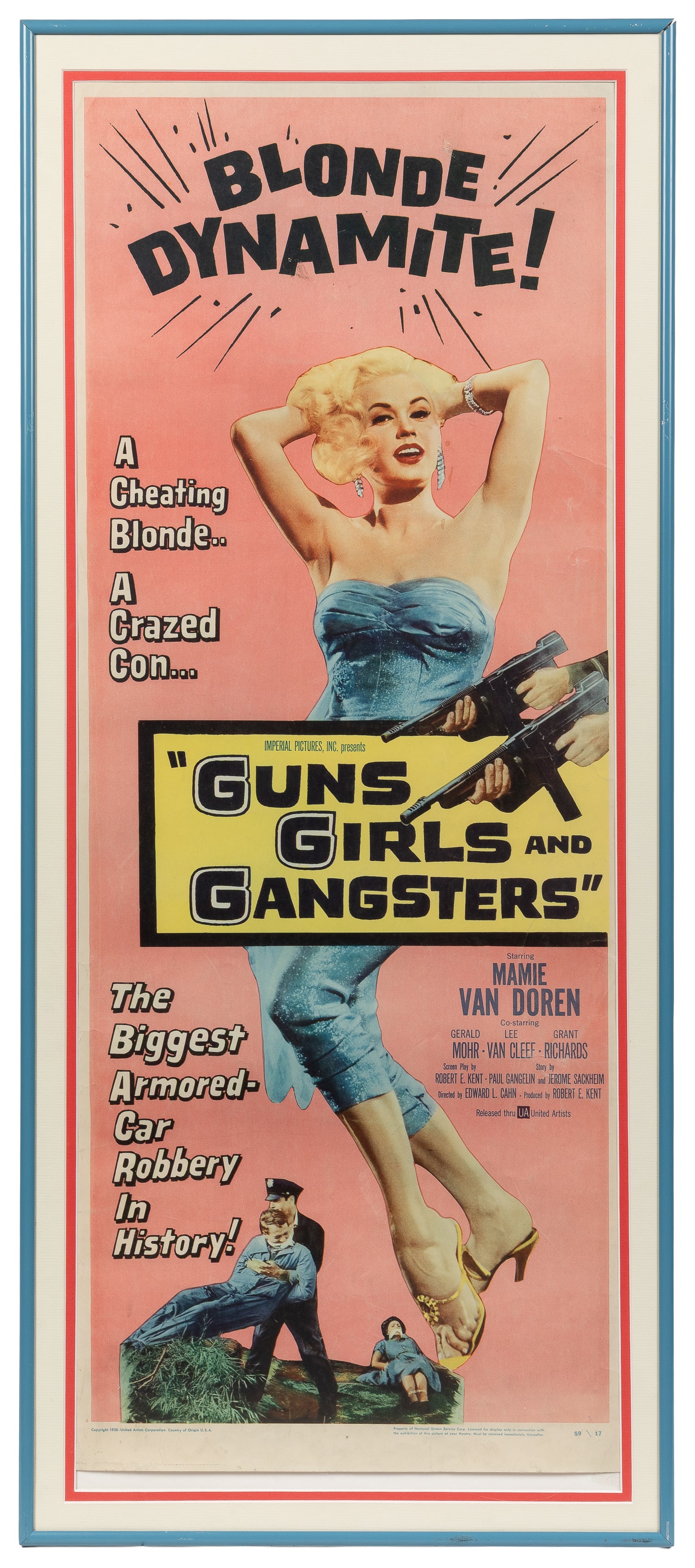 Guns Girls and Gangsters Insert Poster. [Hollywood: United Artists, 1959].: Guns Girls and Gangsters Insert Poster. [Hollywood: United Artists, 1959]. Insert poster depicts lead actress Mamie Van Doren in a seductive pose, and an auction scene at bottom ("Blonde Dynamite! / A