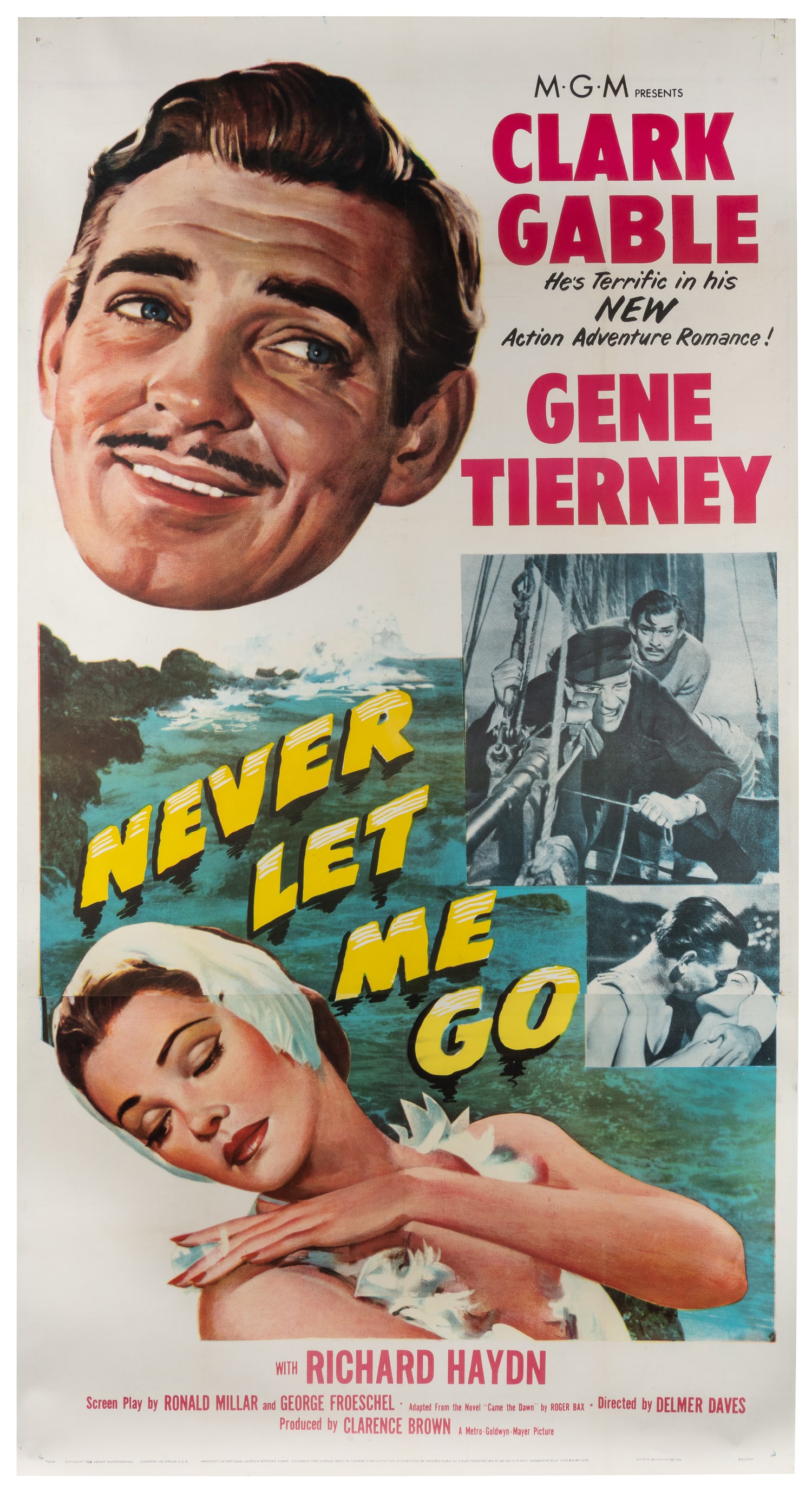 Never Let Me Go. MGM, 1953.: Never Let Me Go. MGM, 1953. Three-sheet (approx. 81 x 41"). Poster for the adventure film starring Clark Gable and Gene Tierney.Linen backed.