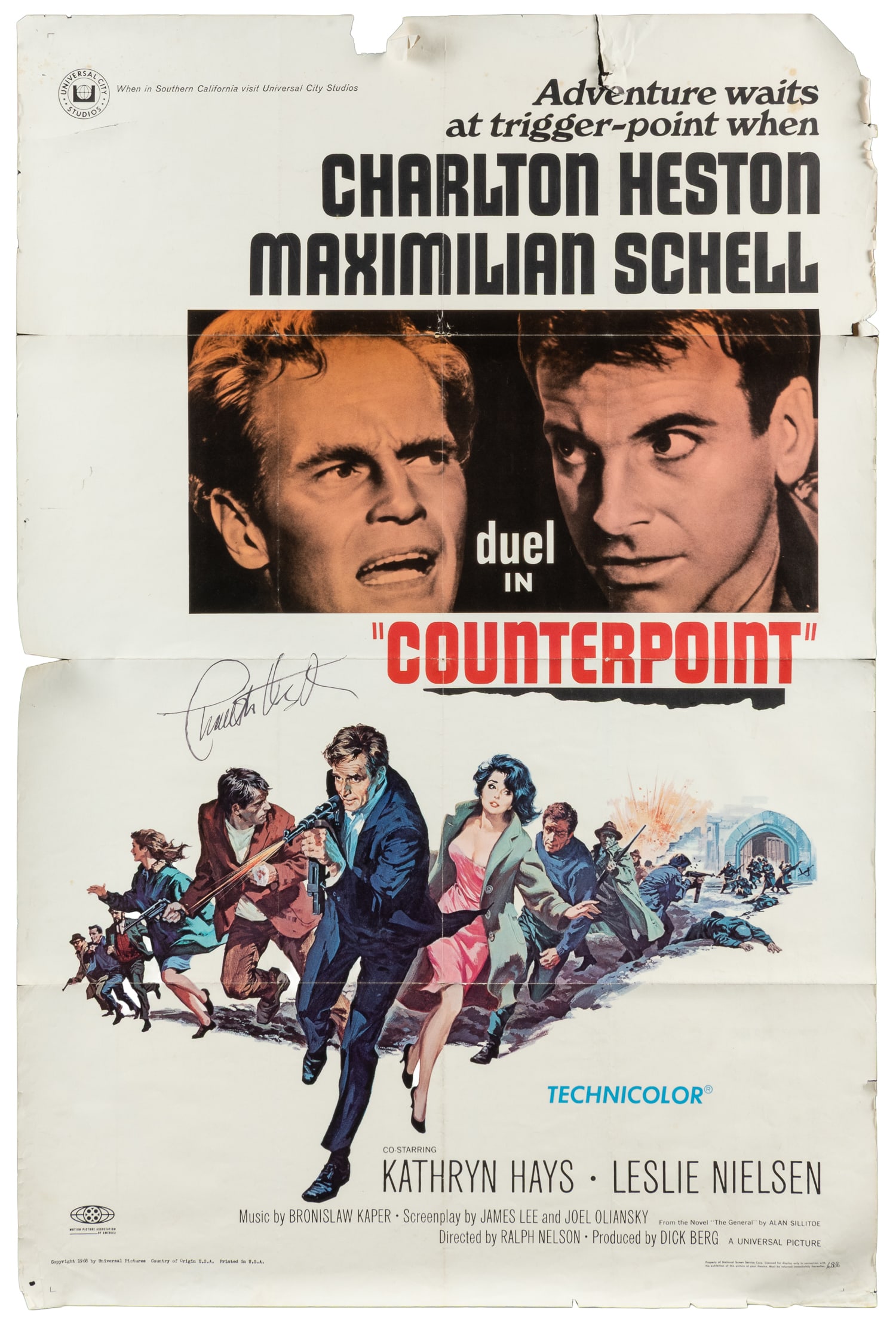 [HESTON, Charlton (1923-2008)]. Counterpoint. Universal Pictures, 1968.: [HESTON, Charlton (1923-2008)]. Counterpoint. Universal Pictures, 1968. One-sheet (41 x 27") poster for Counterpoint, SIGNED by Charlton Heston in ink beside the title. Paper.
