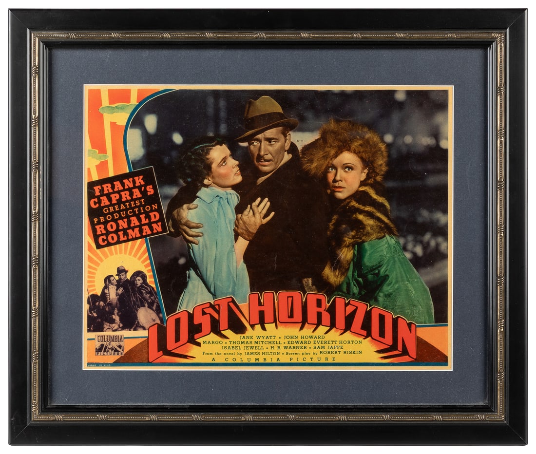 Lost Horizon Full Color Lobby Card Featuring Ronald Coleman, Jane Wyatt and Margo.: "Lost Horizon" Full Color Lobby Card Featuring Ronald Coleman, Jane Wyatt and Margo. [Hollywood:] Columbia Pictures, [1937]. A vibrantly-colored card featuring the lead actors and actresses of this