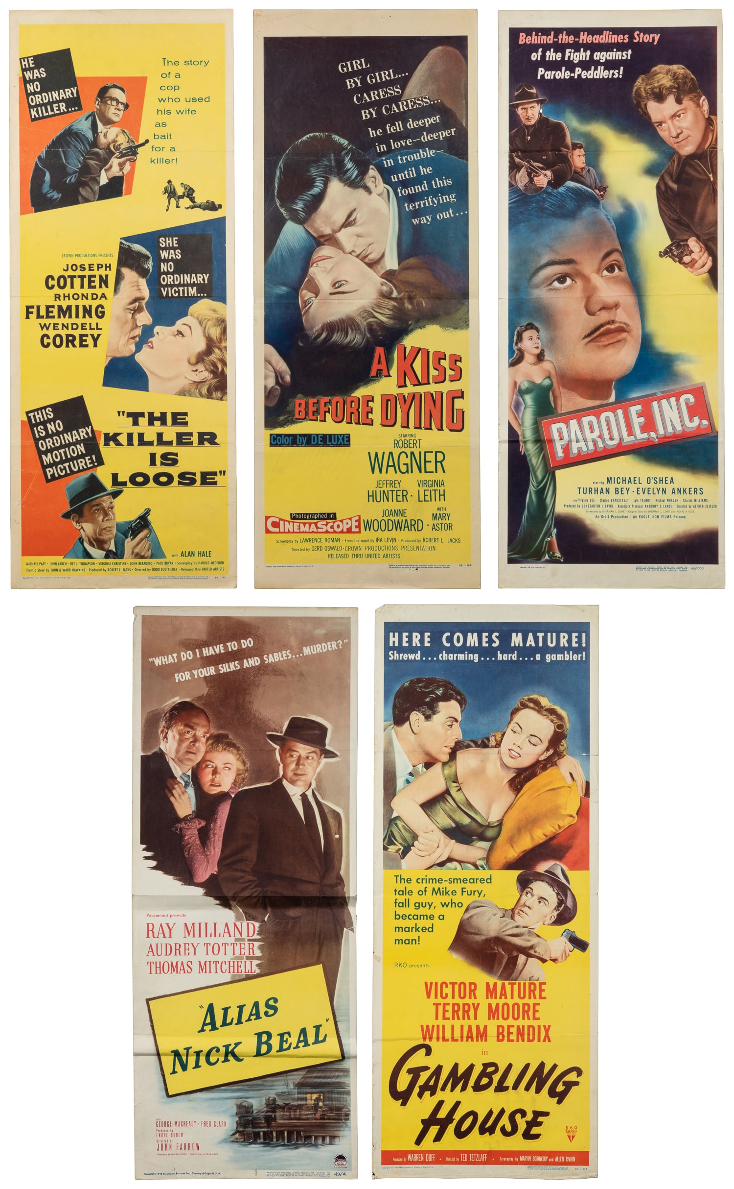 Group of 5 Noir Film Insert Posters. [V.p., ca. 1940s-1950s].: Group of 5 Noir Film Insert Posters. [V.p., ca. 1940s-1950s]. Titles include: A Kiss Before Dying starring Robert Wagner, Joanne Woodward, and Jeffrey Hunter; "Alias Nick Beal" starring Ray Milland; P