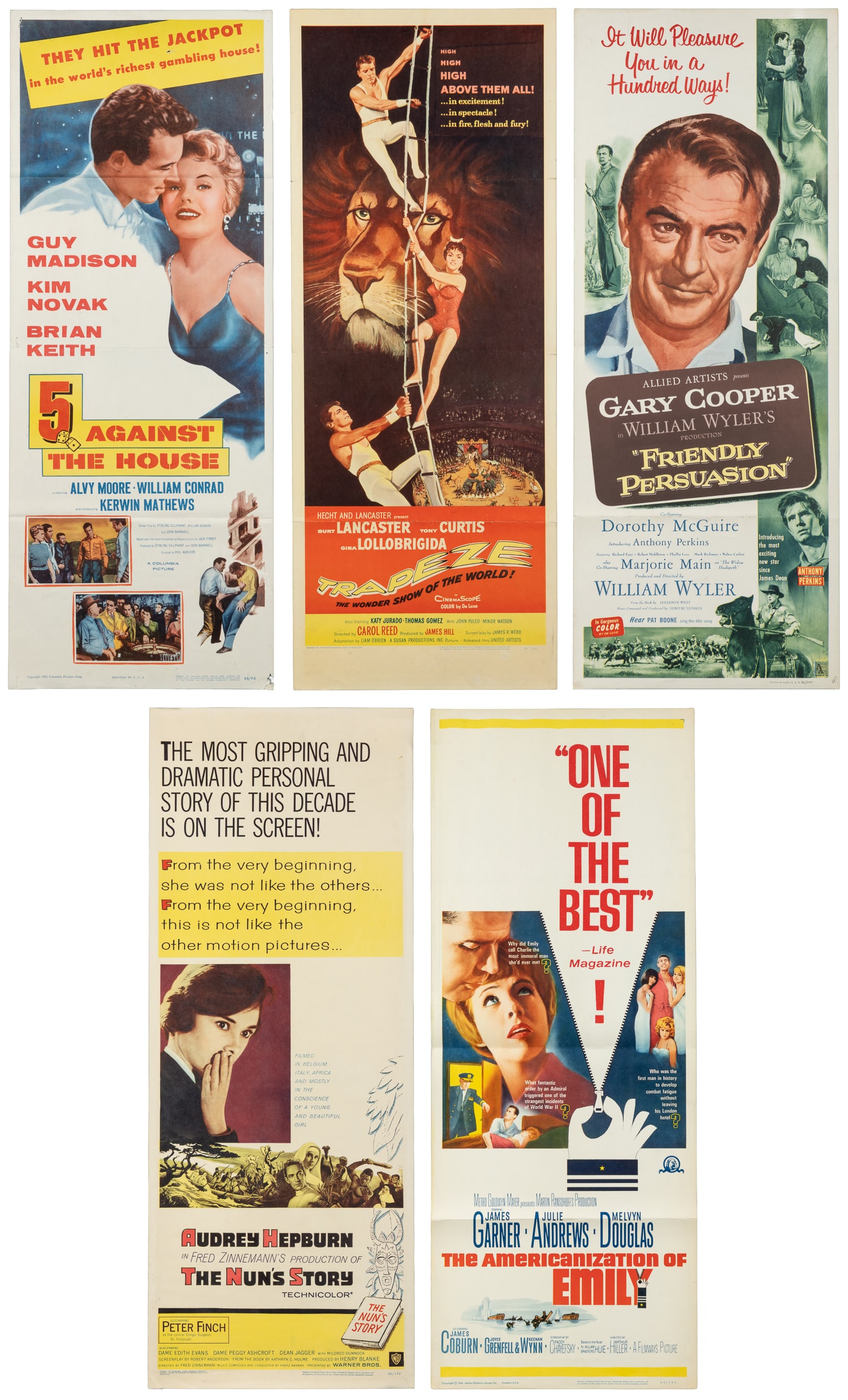 Group of 5 Drama Film Insert Posters. [V.p., ca. 1940s-1950s].: Group of 5 Drama Film Insert Posters. [V.p., ca. 1940s-1950s]. Titles include: The Nun's Story starring Audrey Hepburn; Friendly Persuasion starring Gary Cooper and Anthony Perkins; 5 Against the