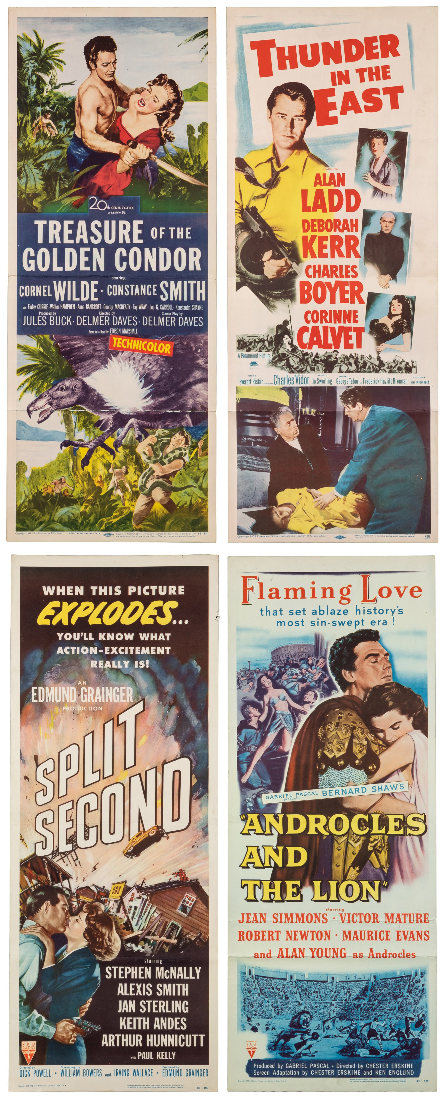 Group of 4 Action/Adventure Film Insert Posters. [V.p., ca. 1940s-1950s].: Group of 4 Action/Adventure Film Insert Posters. [V.p., ca. 1940s-1950s]. Titles include: "Androcles and the Lion" starring Jean Simmons and Victor Mature; Thunder in the East starring Alan Ladd,