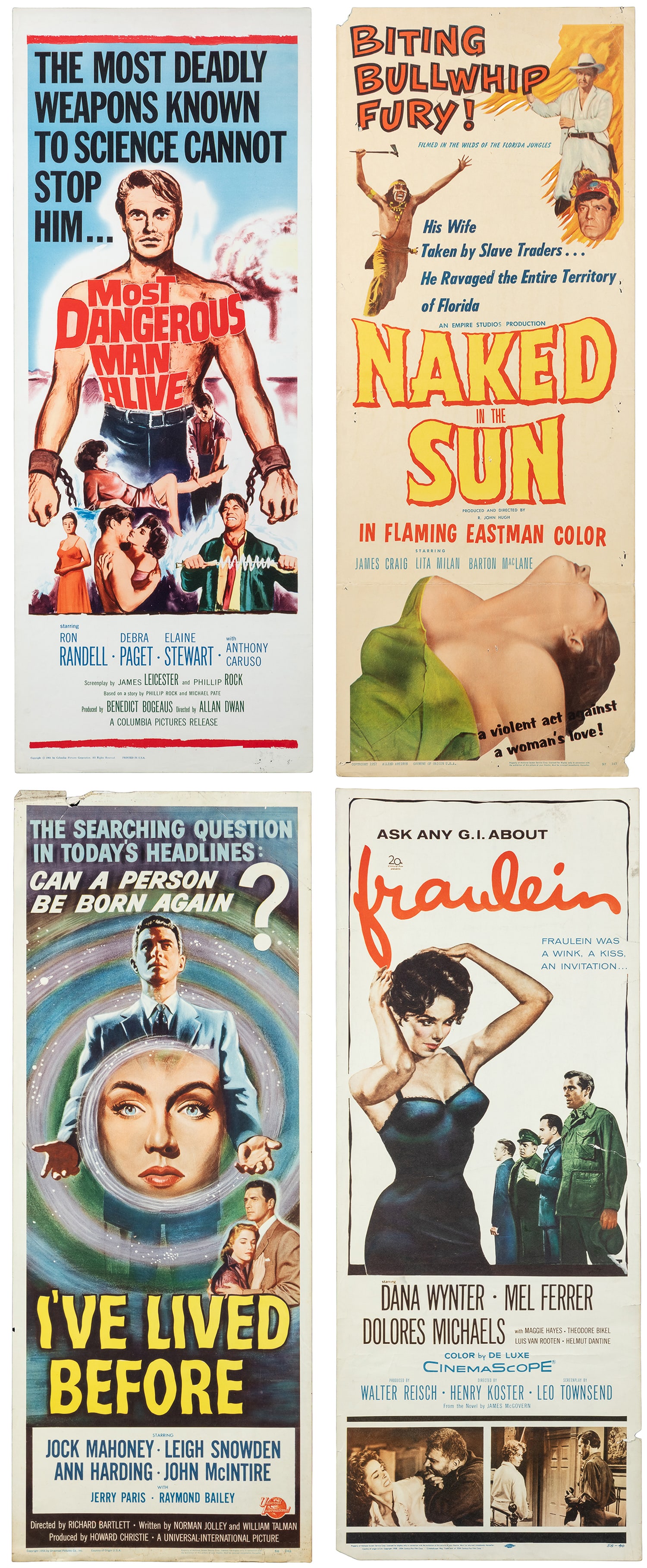 Group of 15 insert movie posters.: Group of 15 insert movie posters. American, bulk 1940s-50s. Lot includes: Fraulein; Naked in the Sun; I Dream of Jeanie; Main St. to Broadway; It Happened in Athens; It Started in Naples; The
