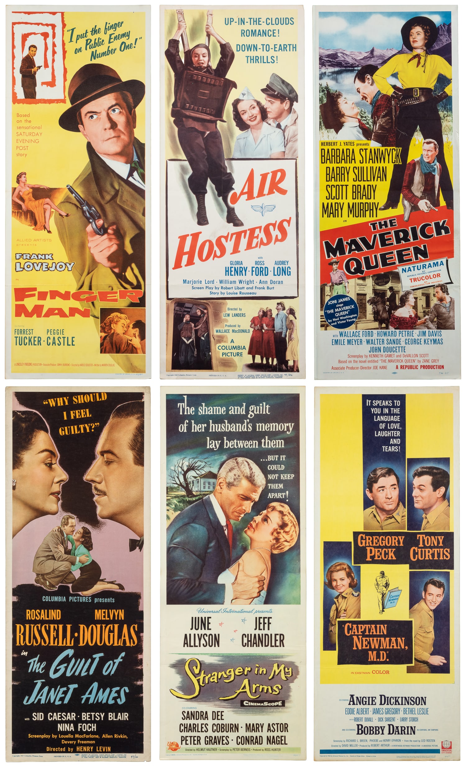 Twelve insert movie posters.: Twelve insert movie posters. American, 1940s-50s. Titles include: The Guilt of Janet Ames; Captain Newman, MD; Stranger in My Arms; Finger Man; Air Hostess; The Maverick Queen; The Naked and the