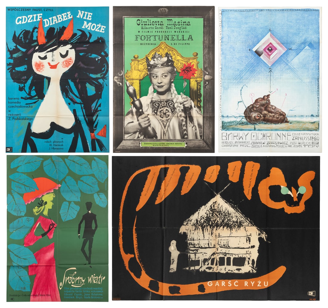 Group of 10 Polish Language Movie Posters. (1954-1977).: Group of 10 Polish Language Movie Posters. (1954-1977). Includes: Srebrny wiatr (1954); Fortunella (1958); Gar?õƒá Ry?ºu (1959); Gdzie diabe?Ç nie mo?ºe (1960); Przez g&#