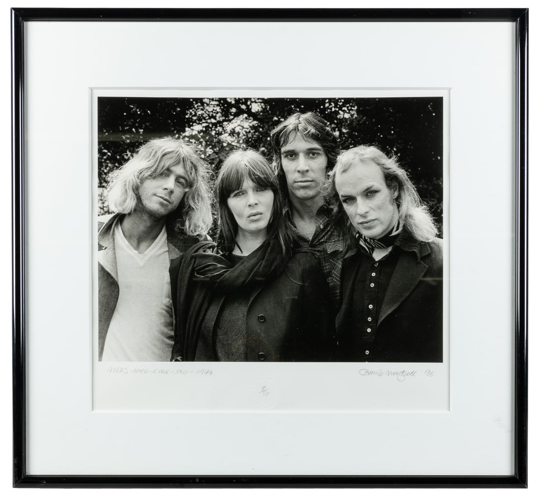 WENTZELL, Barrie (b. 1942). Ayers - Nico - Cale - Eno. 1974 / 1996.: WENTZELL, Barrie (b. 1942). Ayers - Nico - Cale - Eno. 1974 / 1996. Silver gelatin print, titled, signed, and dated by the photographer in the margin; embossed seal lower center, numbered 7/50